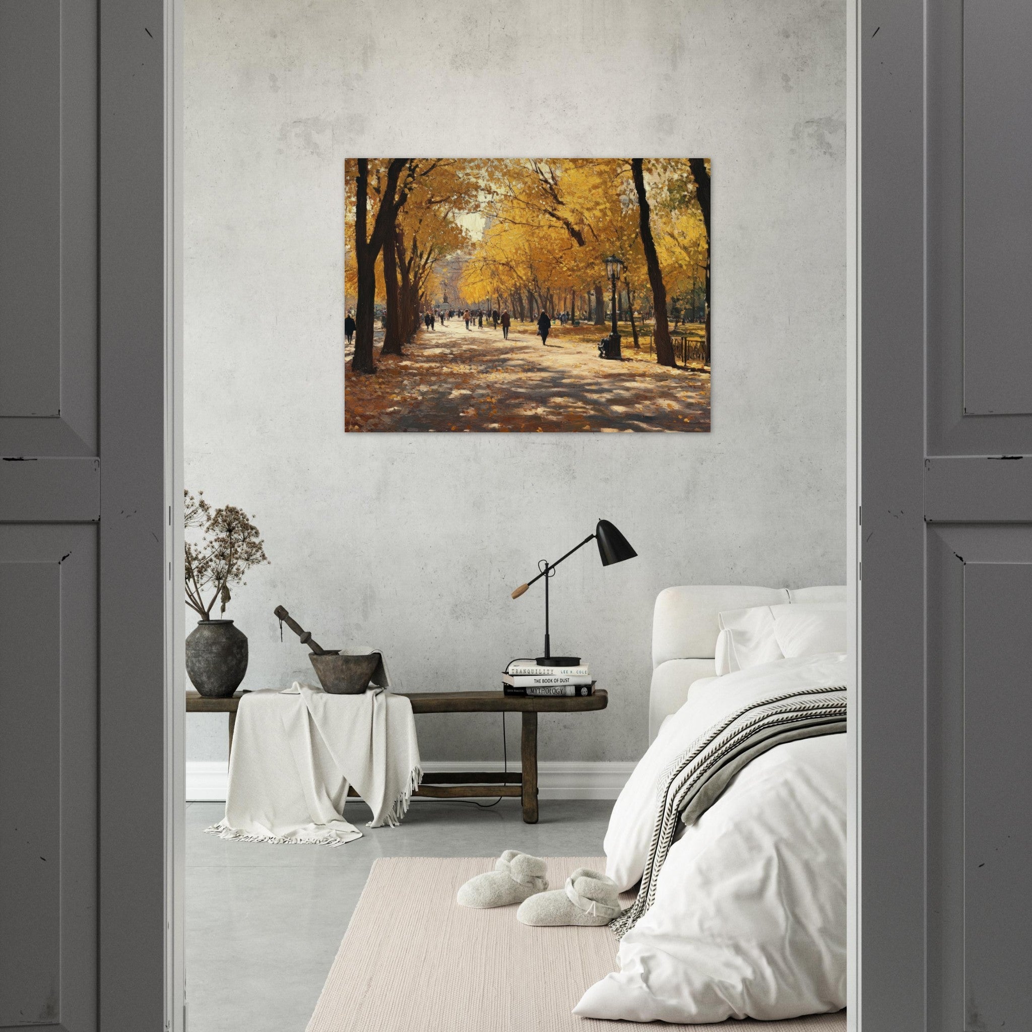 Fine Art Poster Landscape - Autumn Park with Strolling Figures A vast park - Shop Ai Art WebShop - Digital Art online Store