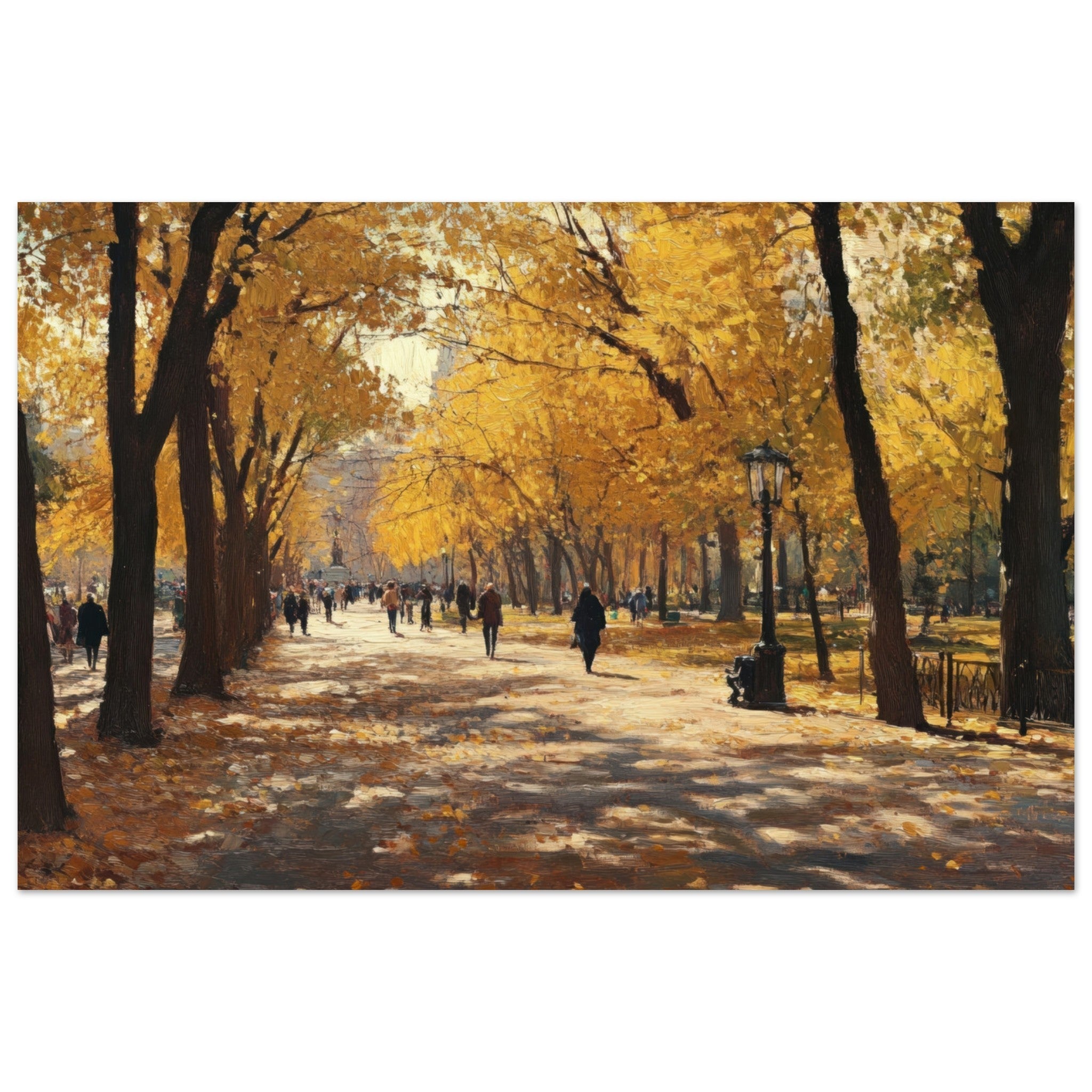 Fine Art Poster Landscape - Autumn Park with Strolling Figures A vast park - Shop Ai Art WebShop - Digital Art online Store