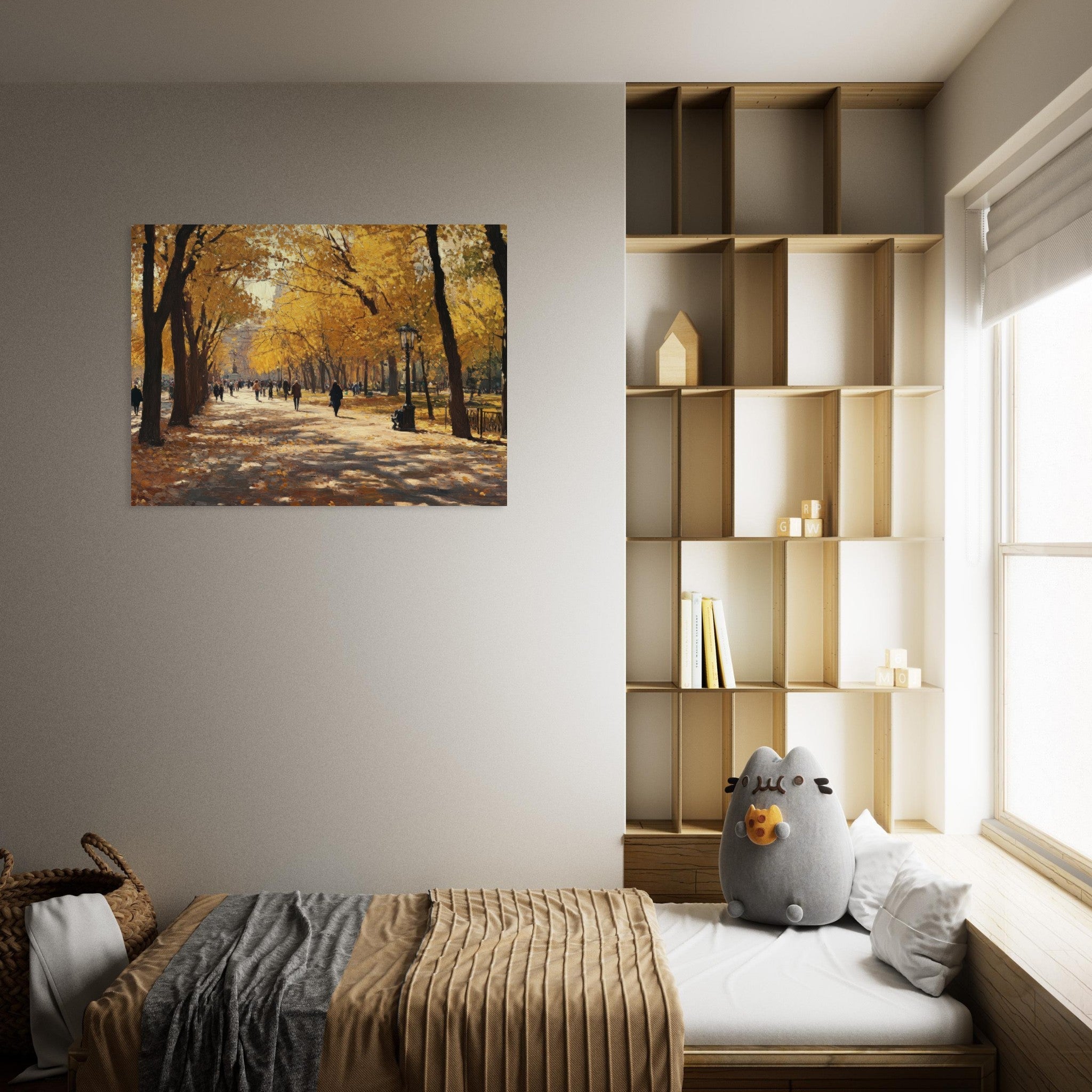 Fine Art Poster Landscape - Autumn Park with Strolling Figures A vast park - Shop Ai Art WebShop - Digital Art online Store