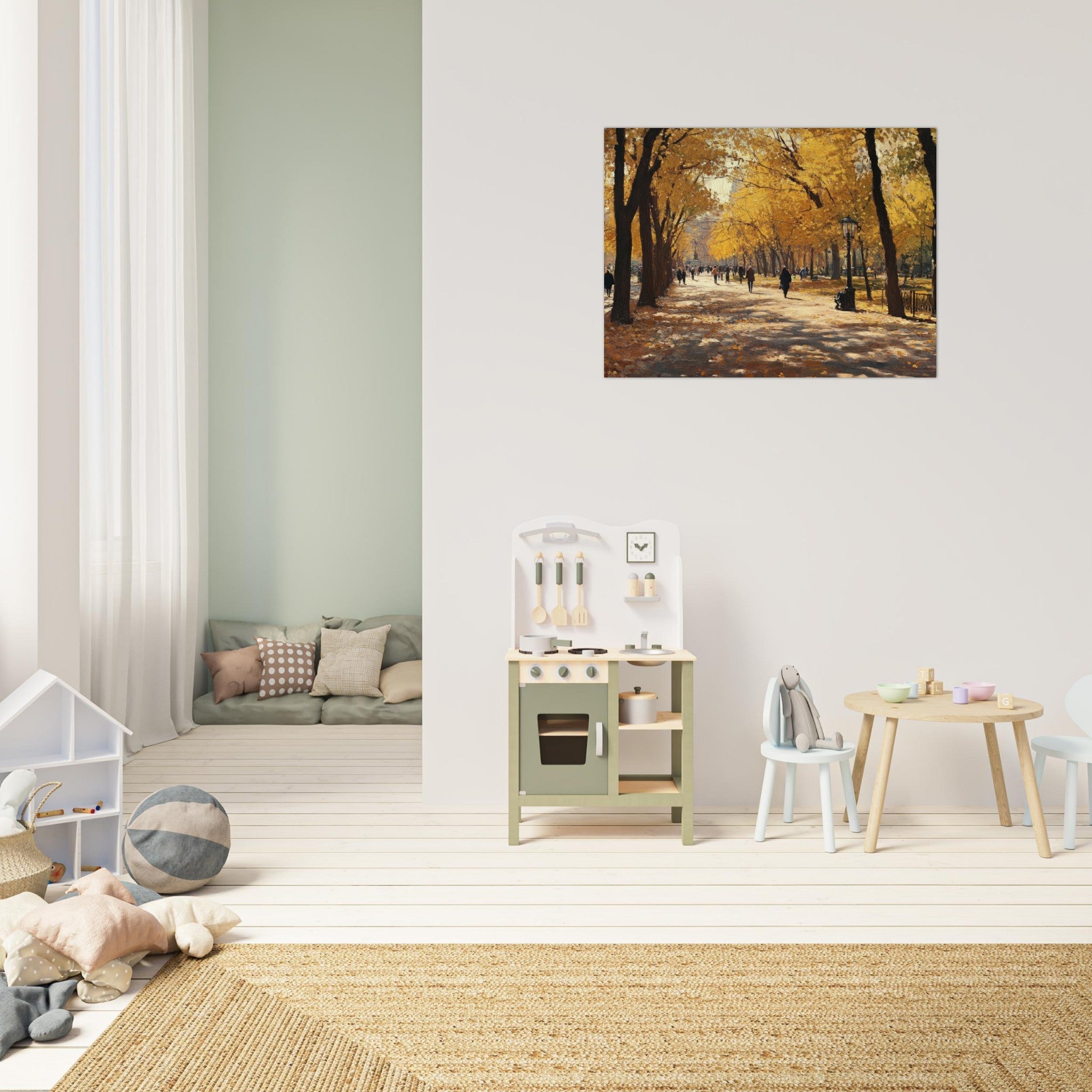 Fine Art Poster Landscape - Autumn Park with Strolling Figures A vast park - Shop Ai Art WebShop - Digital Art online Store