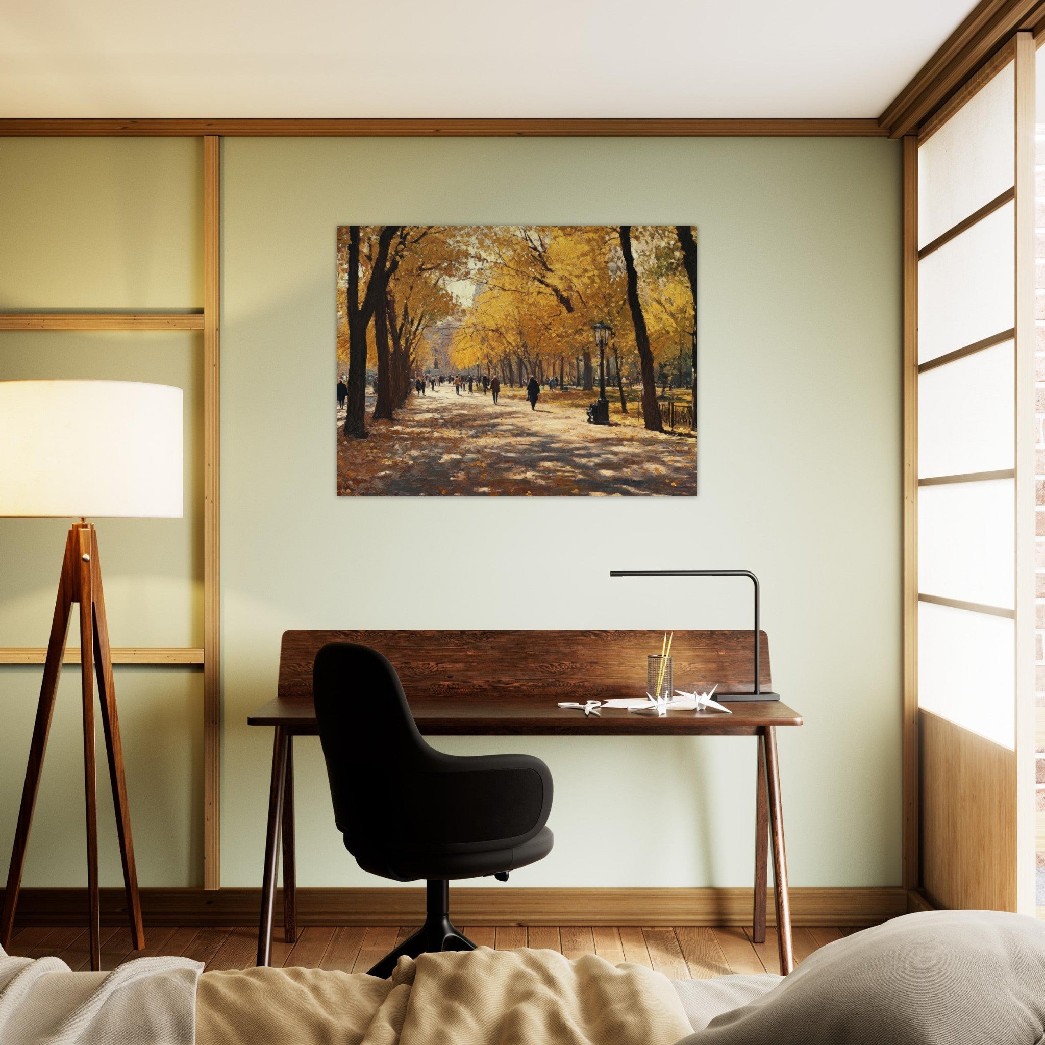 Fine Art Poster Landscape - Autumn Park with Strolling Figures A vast park - Shop Ai Art WebShop - Digital Art online Store
