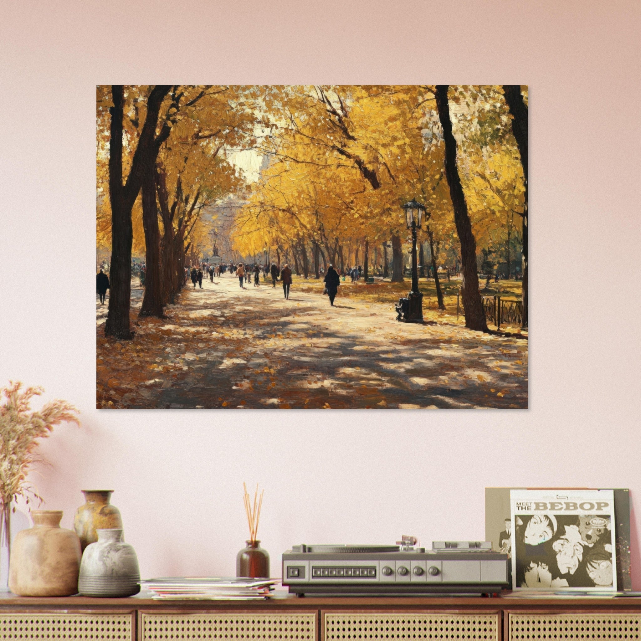 Fine Art Poster Landscape - Autumn Park with Strolling Figures A vast park - Shop Ai Art WebShop - Digital Art online Store