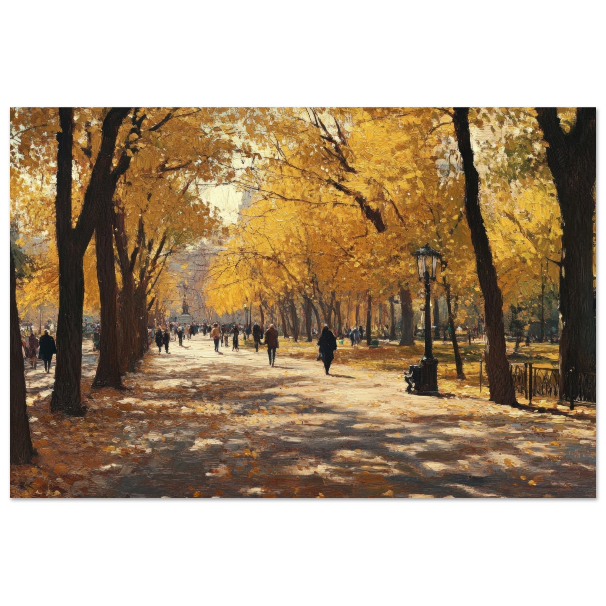 Fine Art Poster Landscape - Autumn Park with Strolling Figures A vast park - Shop Ai Art WebShop - Digital Art online Store