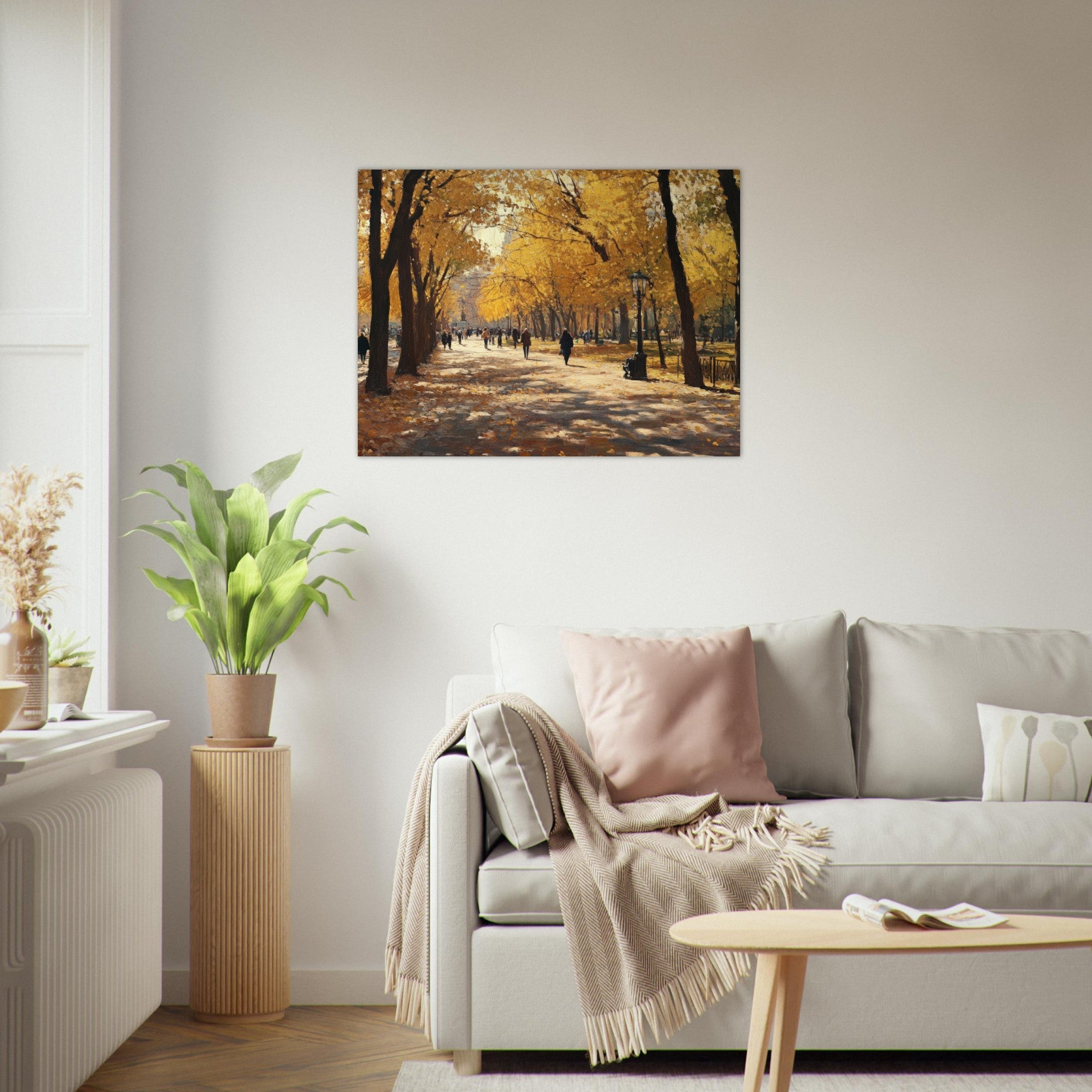 Fine Art Poster Landscape - Autumn Park with Strolling Figures A vast park - Shop Ai Art WebShop - Digital Art online Store