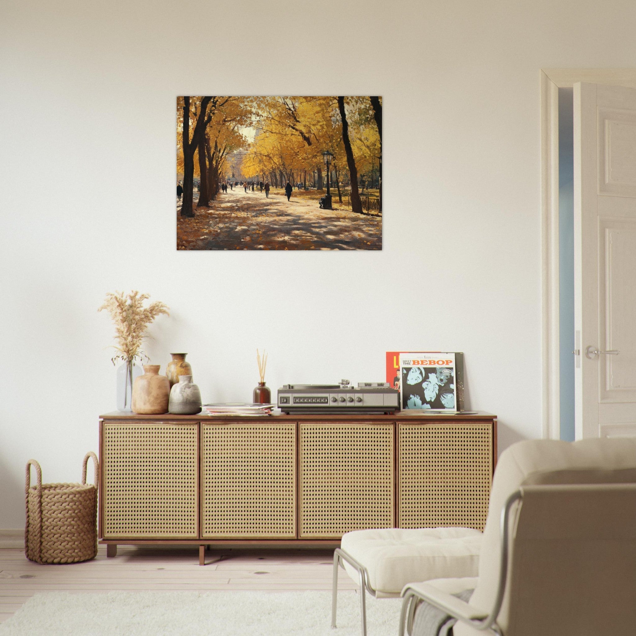 Fine Art Poster Landscape - Autumn Park with Strolling Figures A vast park - Shop Ai Art WebShop - Digital Art online Store