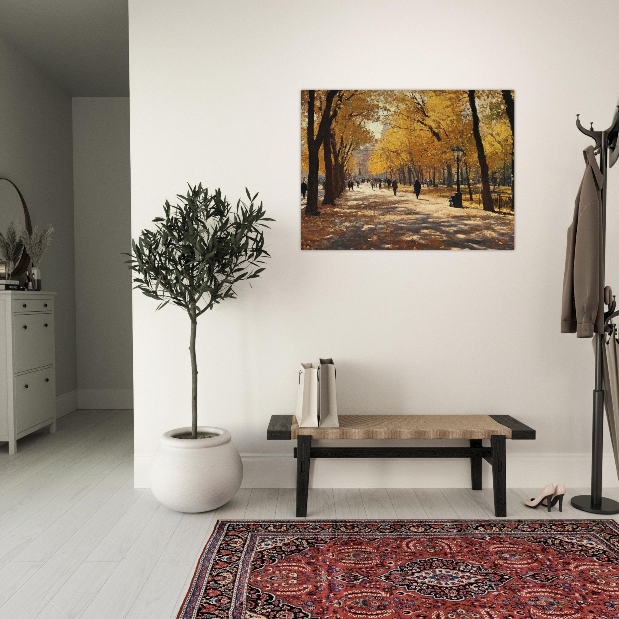 Fine Art Poster Landscape - Autumn Park with Strolling Figures A vast park - Shop Ai Art WebShop - Digital Art online Store
