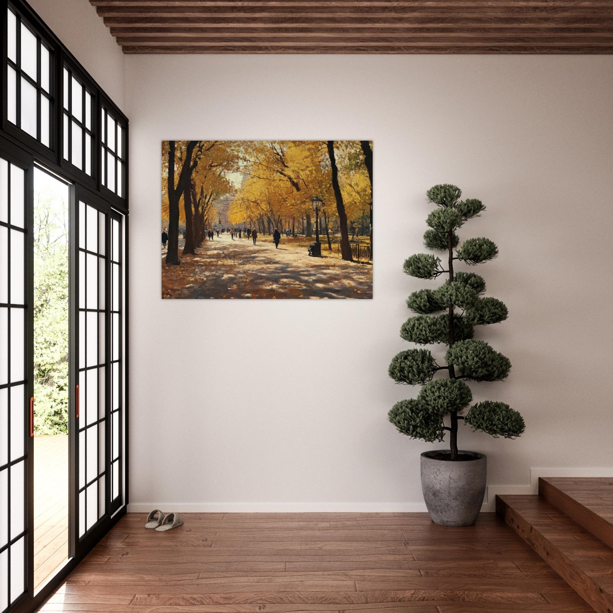 Fine Art Poster Landscape - Autumn Park with Strolling Figures A vast park - Shop Ai Art WebShop - Digital Art online Store