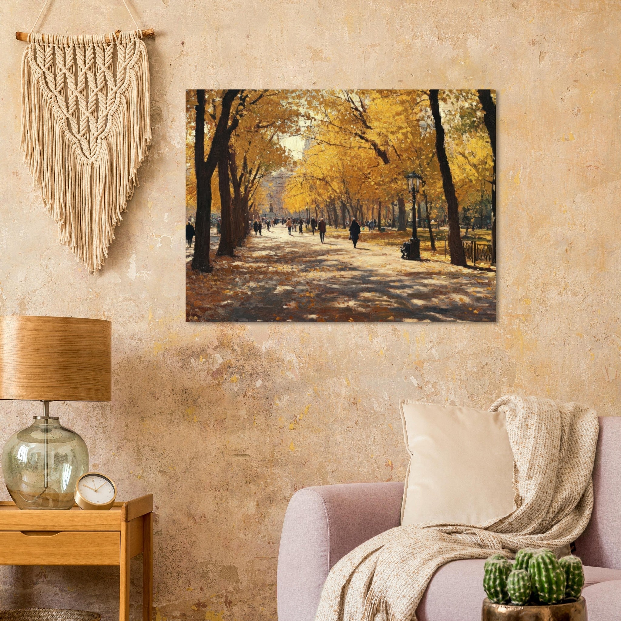 Fine Art Poster Landscape - Autumn Park with Strolling Figures A vast park - Shop Ai Art WebShop - Digital Art online Store
