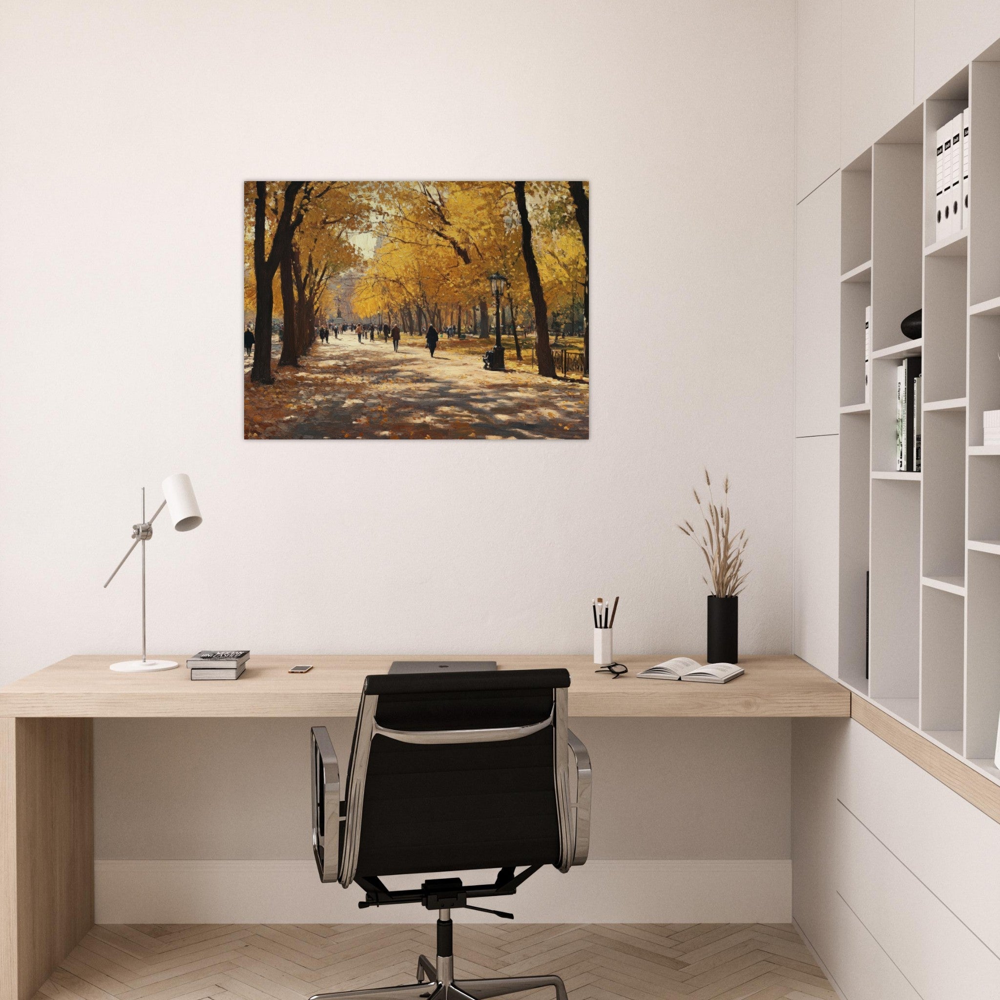 Fine Art Poster Landscape - Autumn Park with Strolling Figures A vast park - Shop Ai Art WebShop - Digital Art online Store