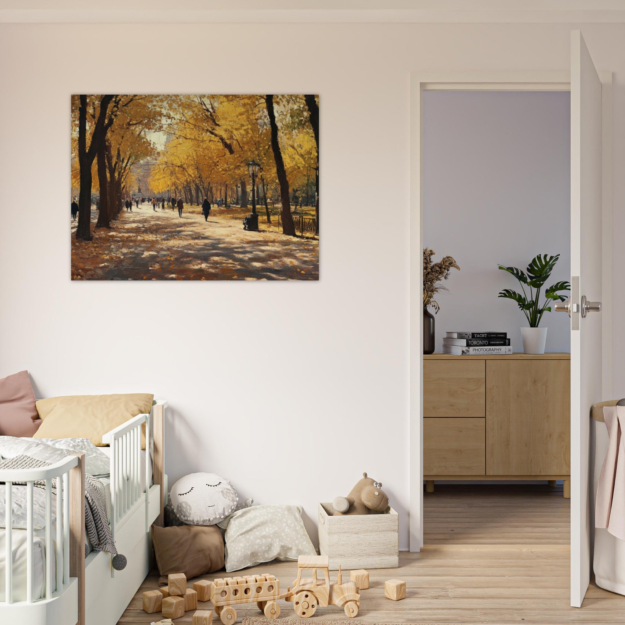 Fine Art Poster Landscape - Autumn Park with Strolling Figures A vast park - Shop Ai Art WebShop - Digital Art online Store