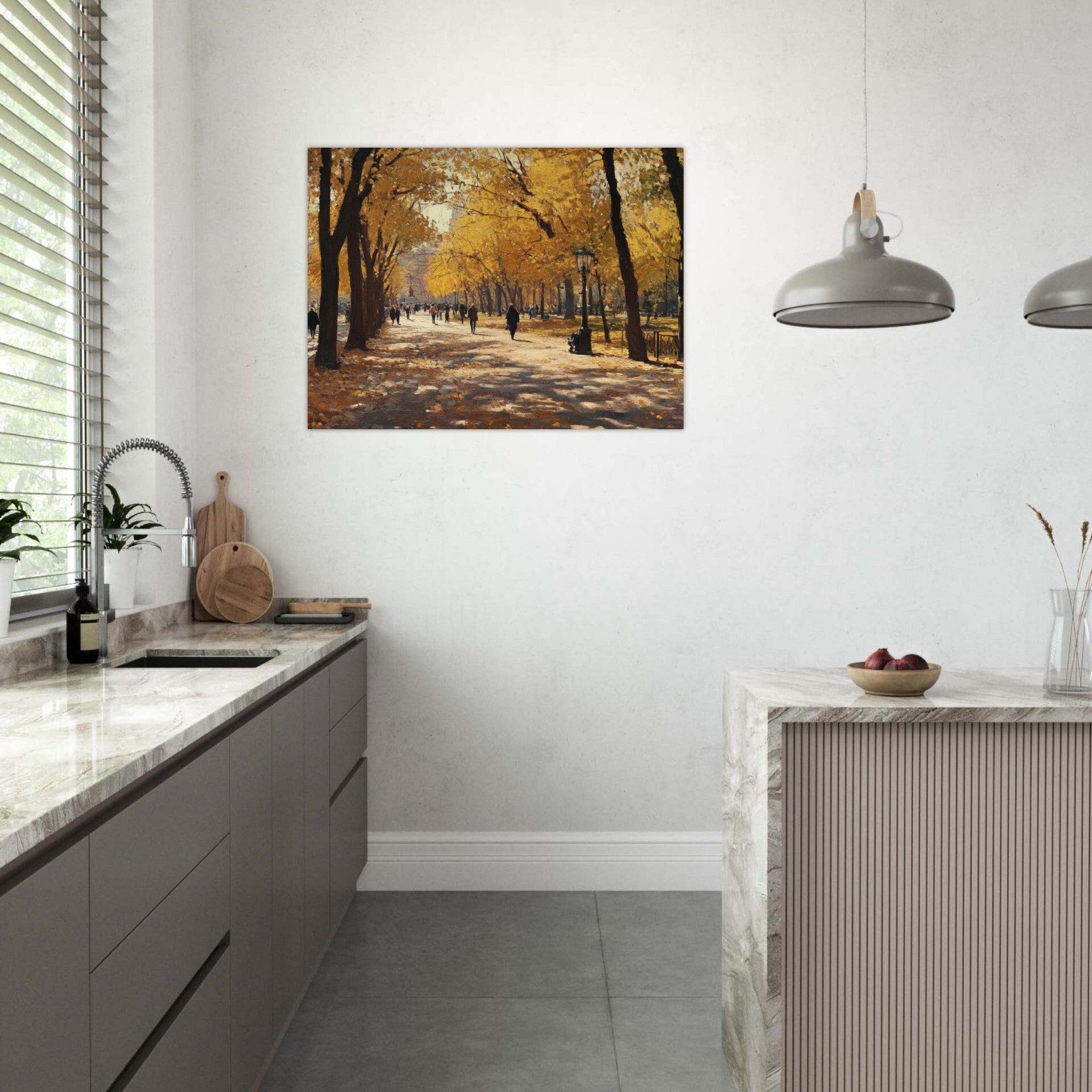 Fine Art Poster Landscape - Autumn Park with Strolling Figures A vast park - Shop Ai Art WebShop - Digital Art online Store