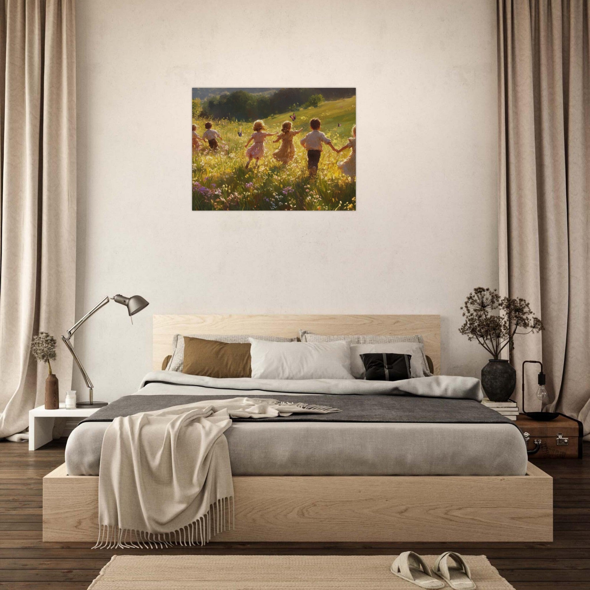 Fine Art Poster Landscape - Children Playing in a Meadow A sunlit country - Shop Ai Art WebShop - Digital Art online Store