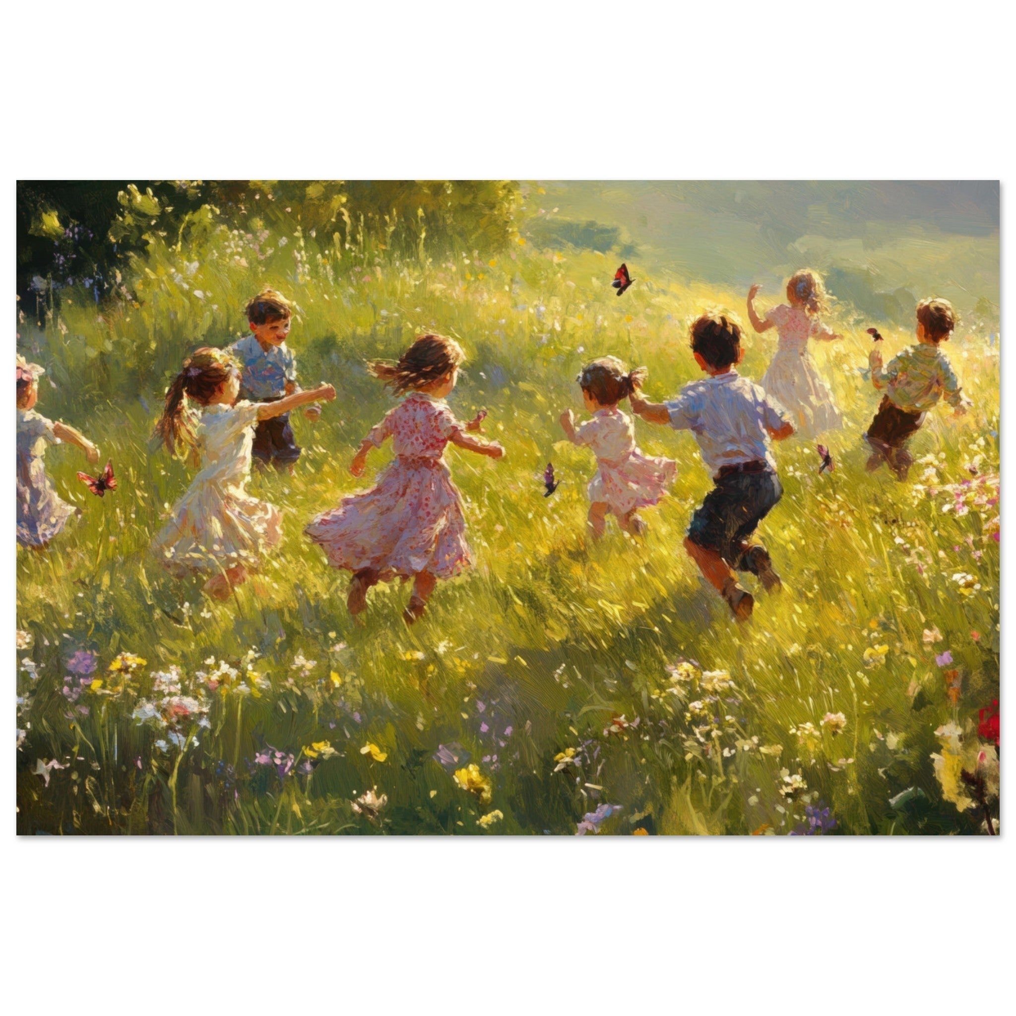 Fine Art Poster Landscape - Children Playing in a Meadow A sunlit country 2 - Shop Ai Art WebShop - Digital Art online Store
