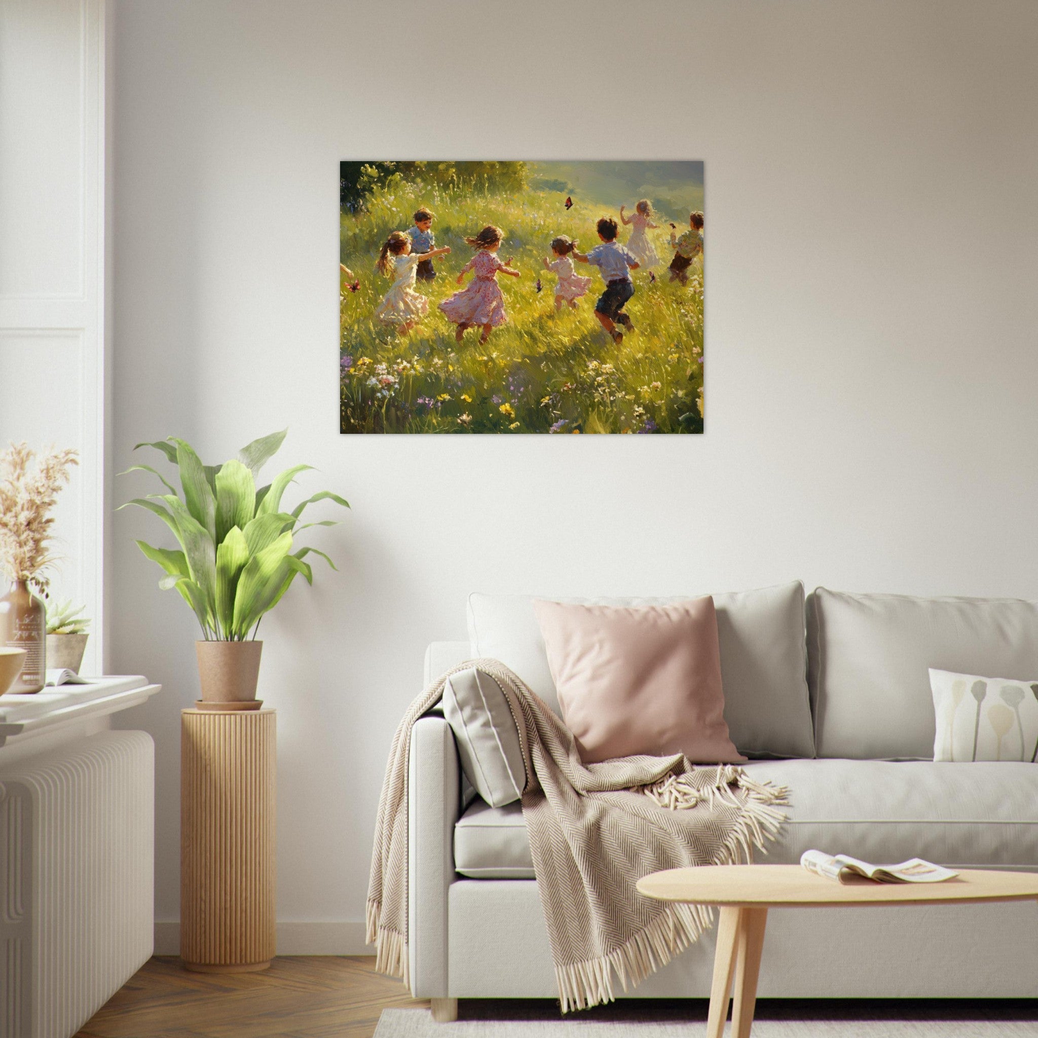 Fine Art Poster Landscape - Children Playing in a Meadow A sunlit country 2 - Shop Ai Art WebShop - Digital Art online Store