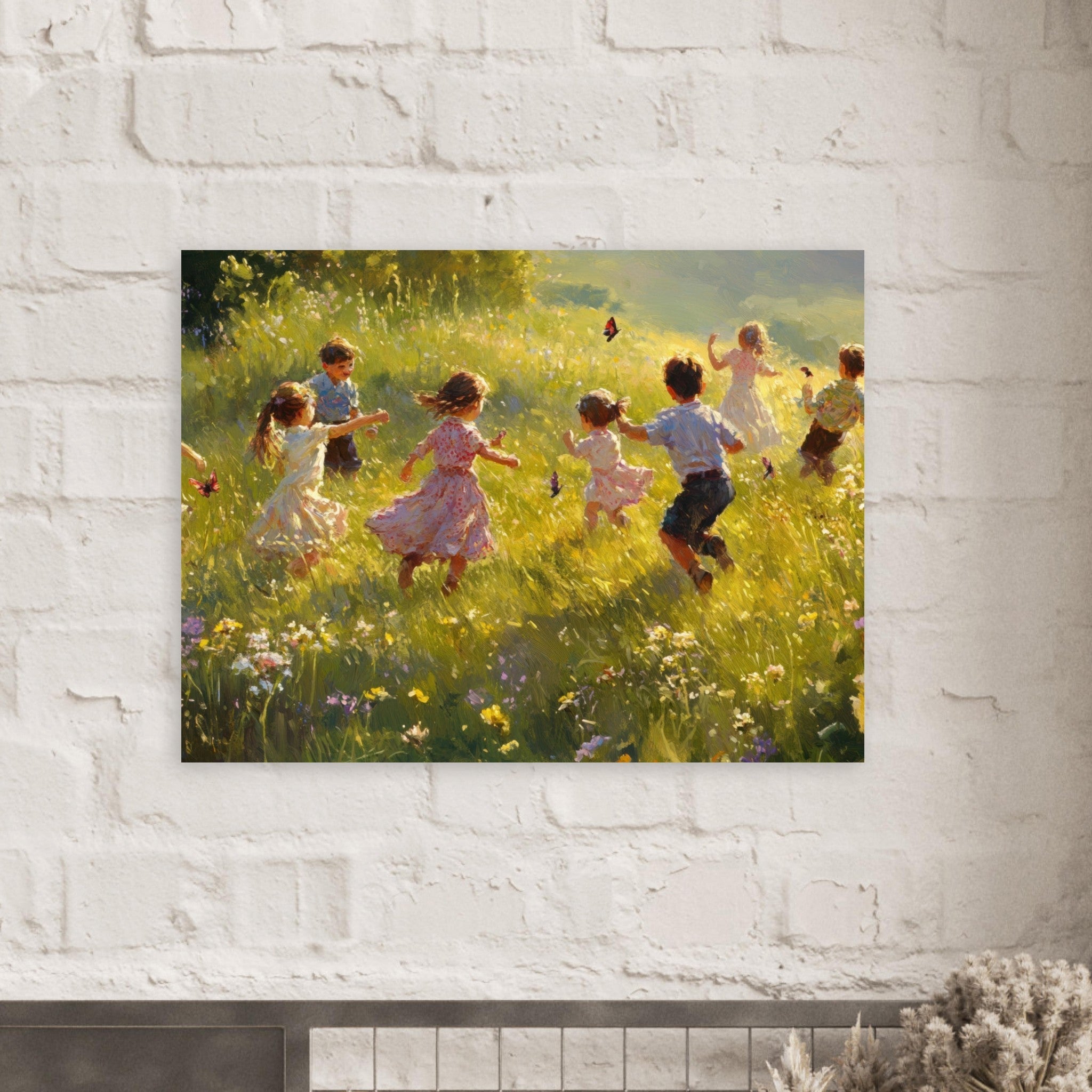 Fine Art Poster Landscape - Children Playing in a Meadow A sunlit country 2 - Shop Ai Art WebShop - Digital Art online Store
