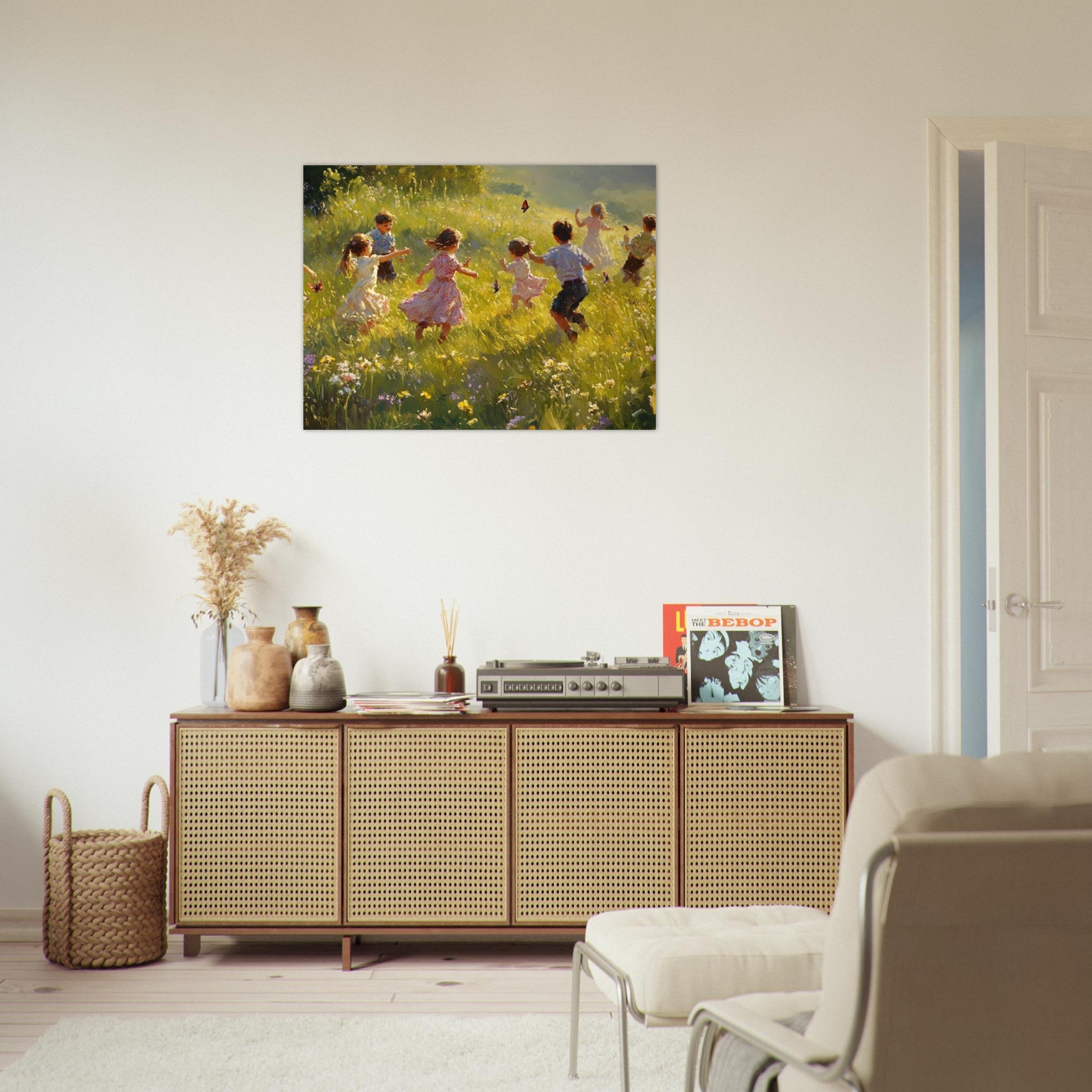 Fine Art Poster Landscape - Children Playing in a Meadow A sunlit country 2 - Shop Ai Art WebShop - Digital Art online Store