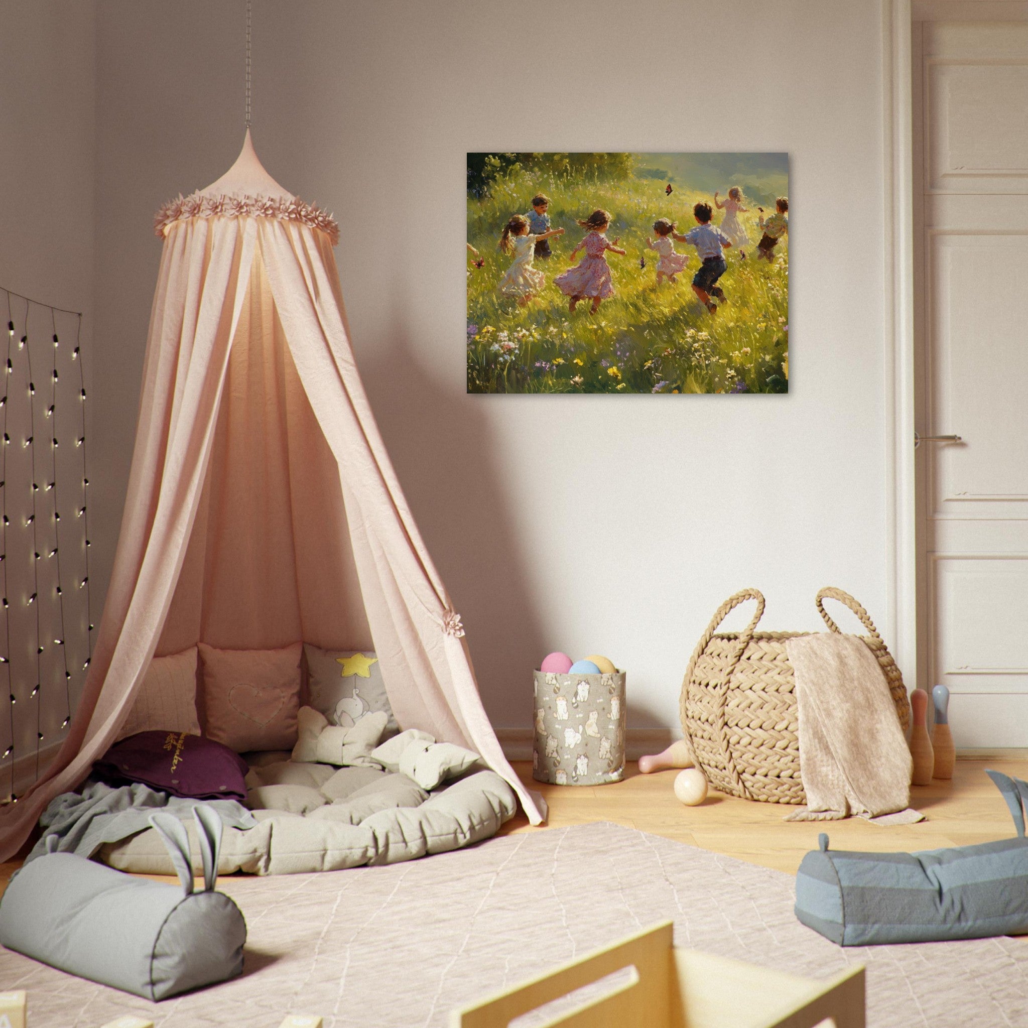 Fine Art Poster Landscape - Children Playing in a Meadow A sunlit country 2 - Shop Ai Art WebShop - Digital Art online Store