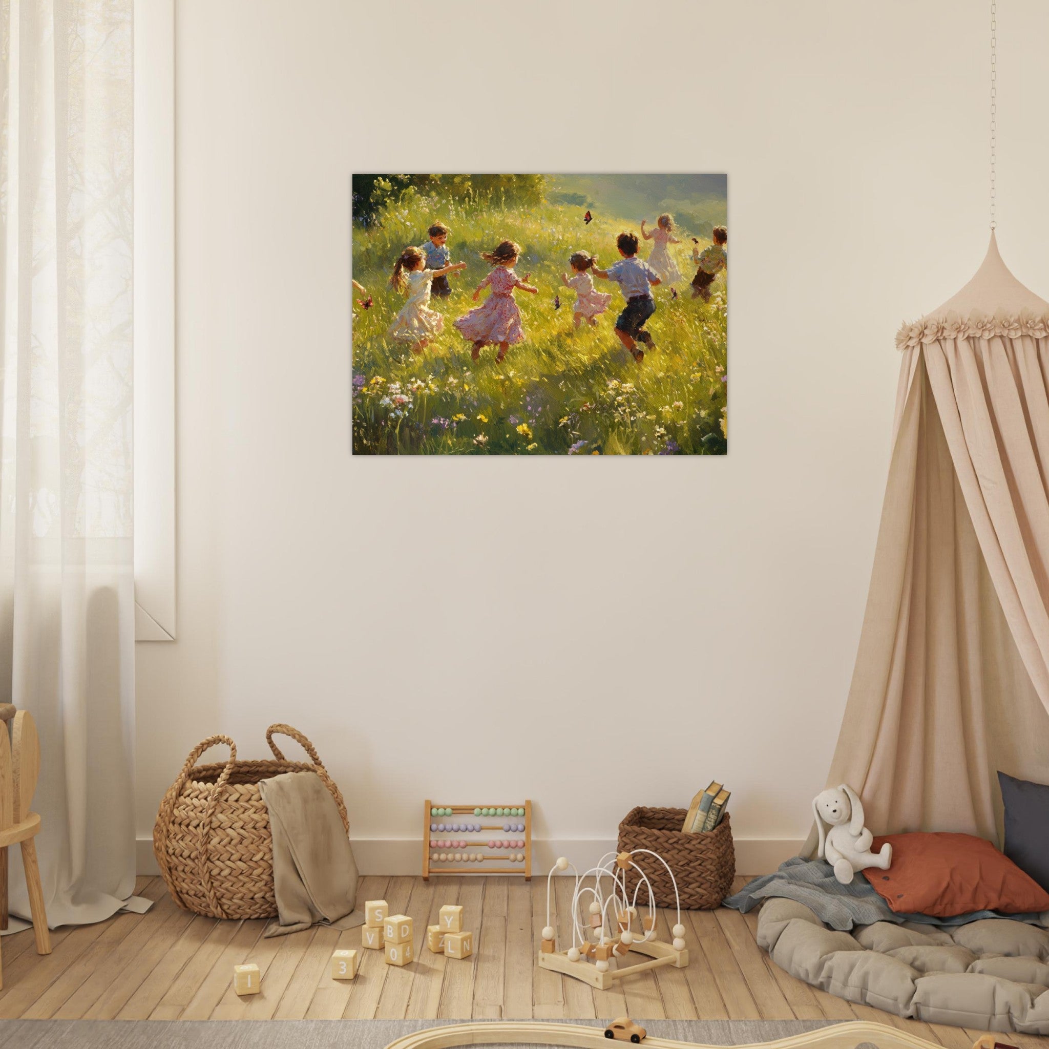 Fine Art Poster Landscape - Children Playing in a Meadow A sunlit country 2 - Shop Ai Art WebShop - Digital Art online Store