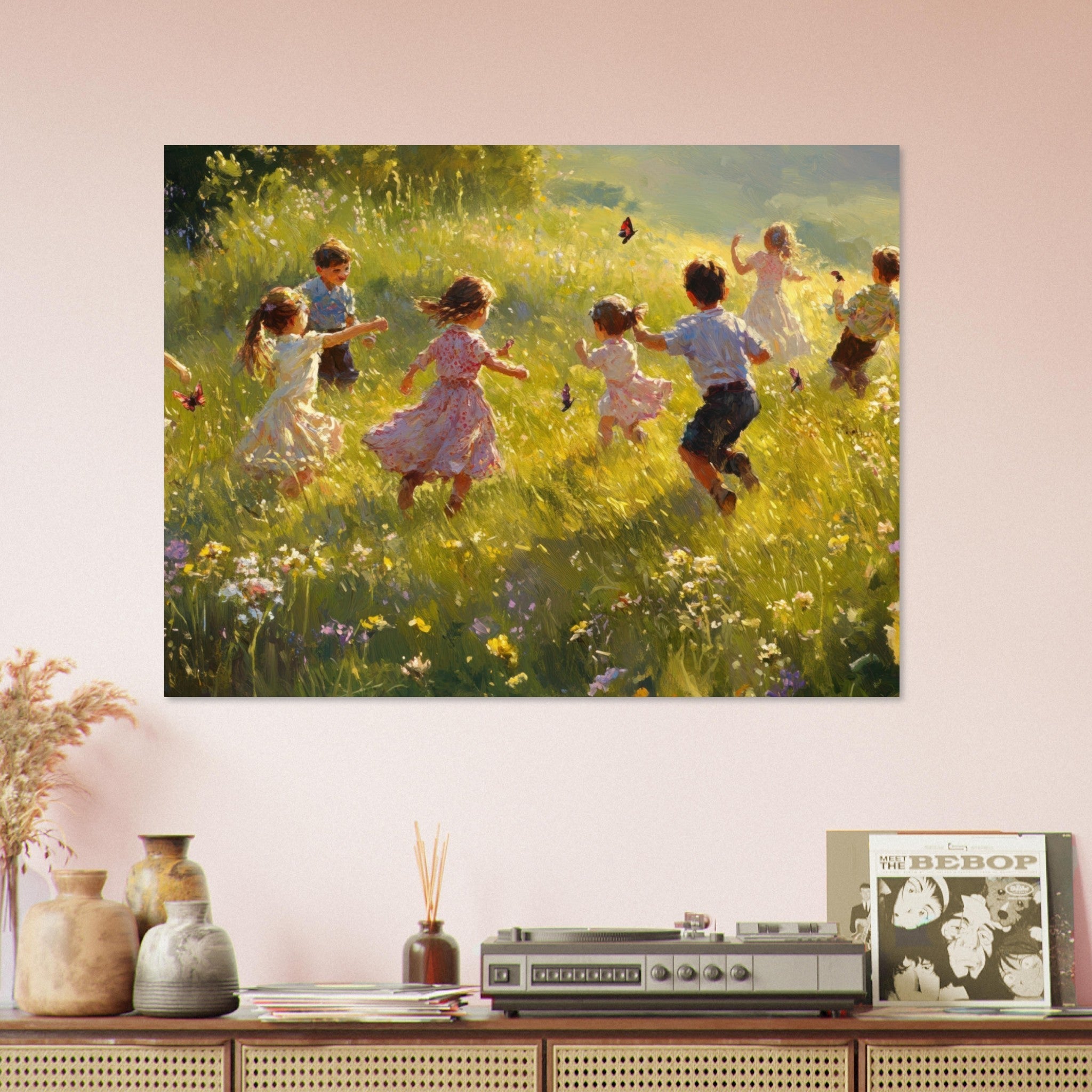 Fine Art Poster Landscape - Children Playing in a Meadow A sunlit country 2 - Shop Ai Art WebShop - Digital Art online Store