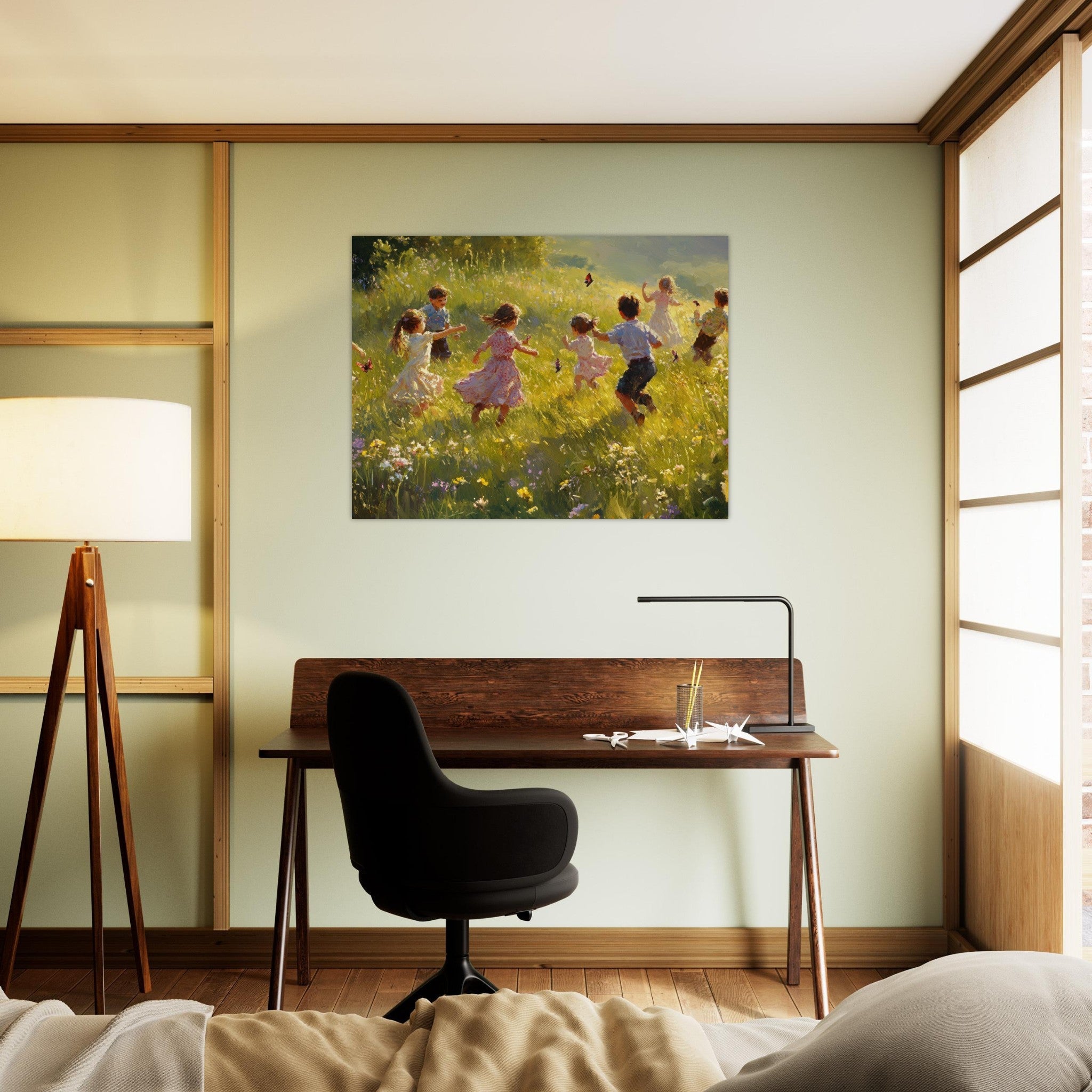 Fine Art Poster Landscape - Children Playing in a Meadow A sunlit country 2 - Shop Ai Art WebShop - Digital Art online Store