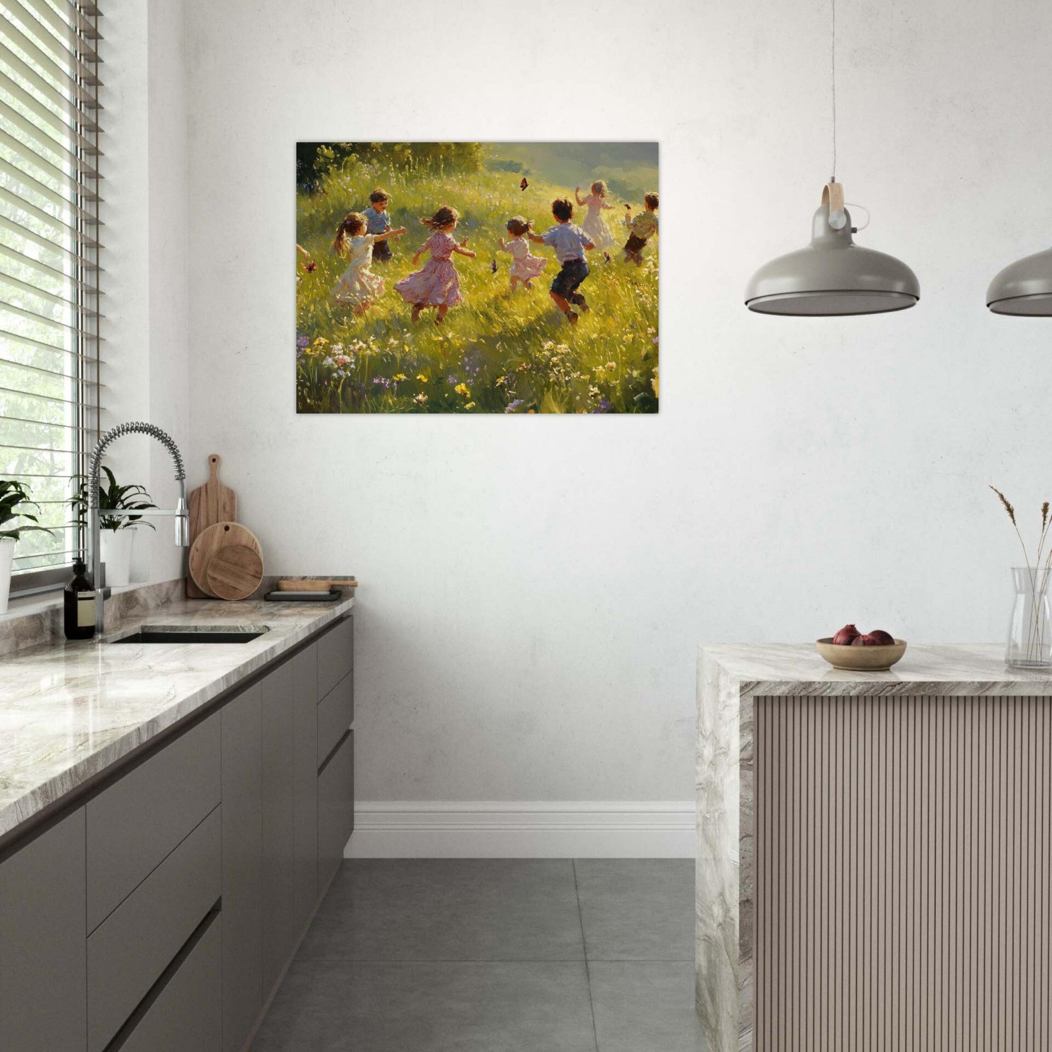 Fine Art Poster Landscape - Children Playing in a Meadow A sunlit country 2 - Shop Ai Art WebShop - Digital Art online Store