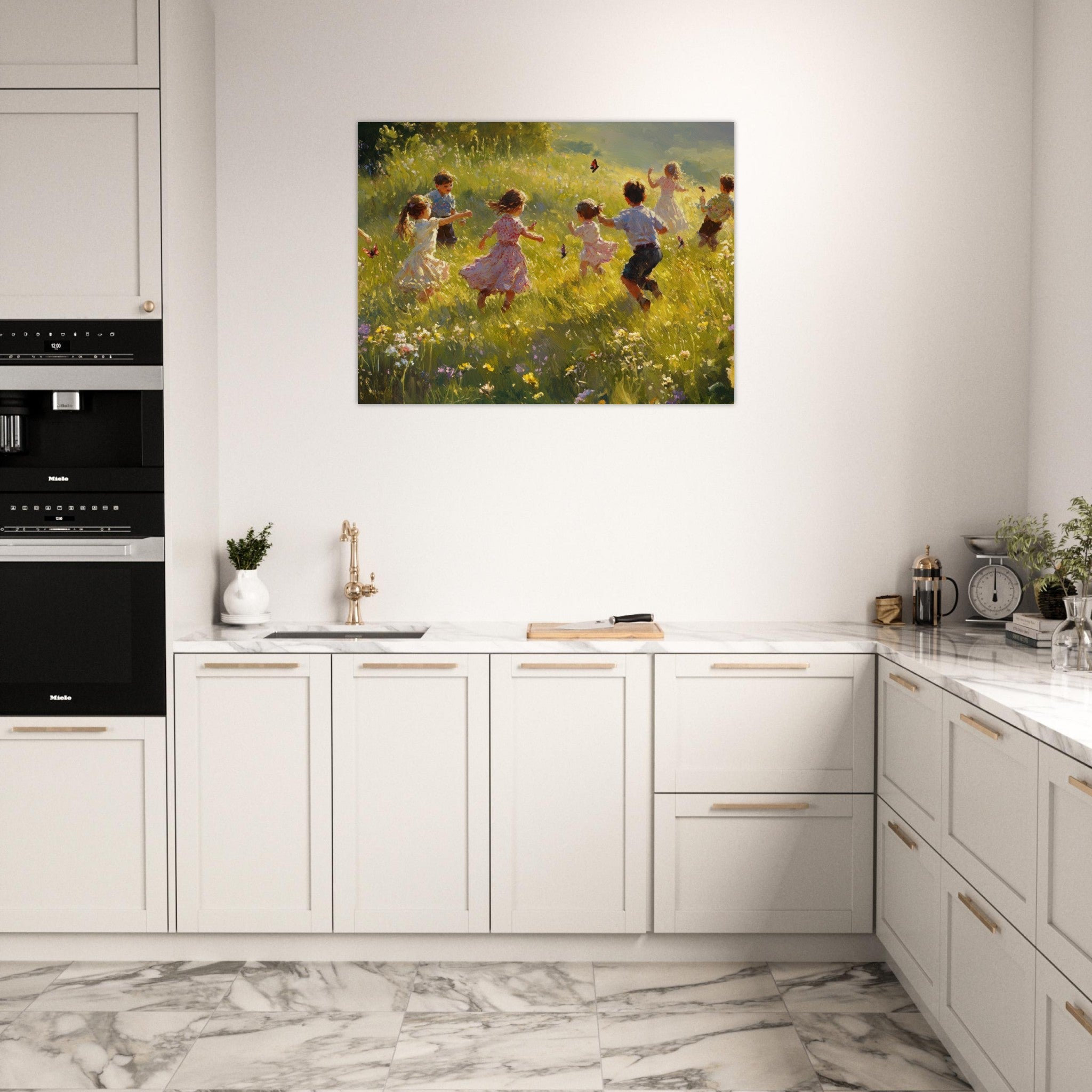 Fine Art Poster Landscape - Children Playing in a Meadow A sunlit country 2 - Shop Ai Art WebShop - Digital Art online Store