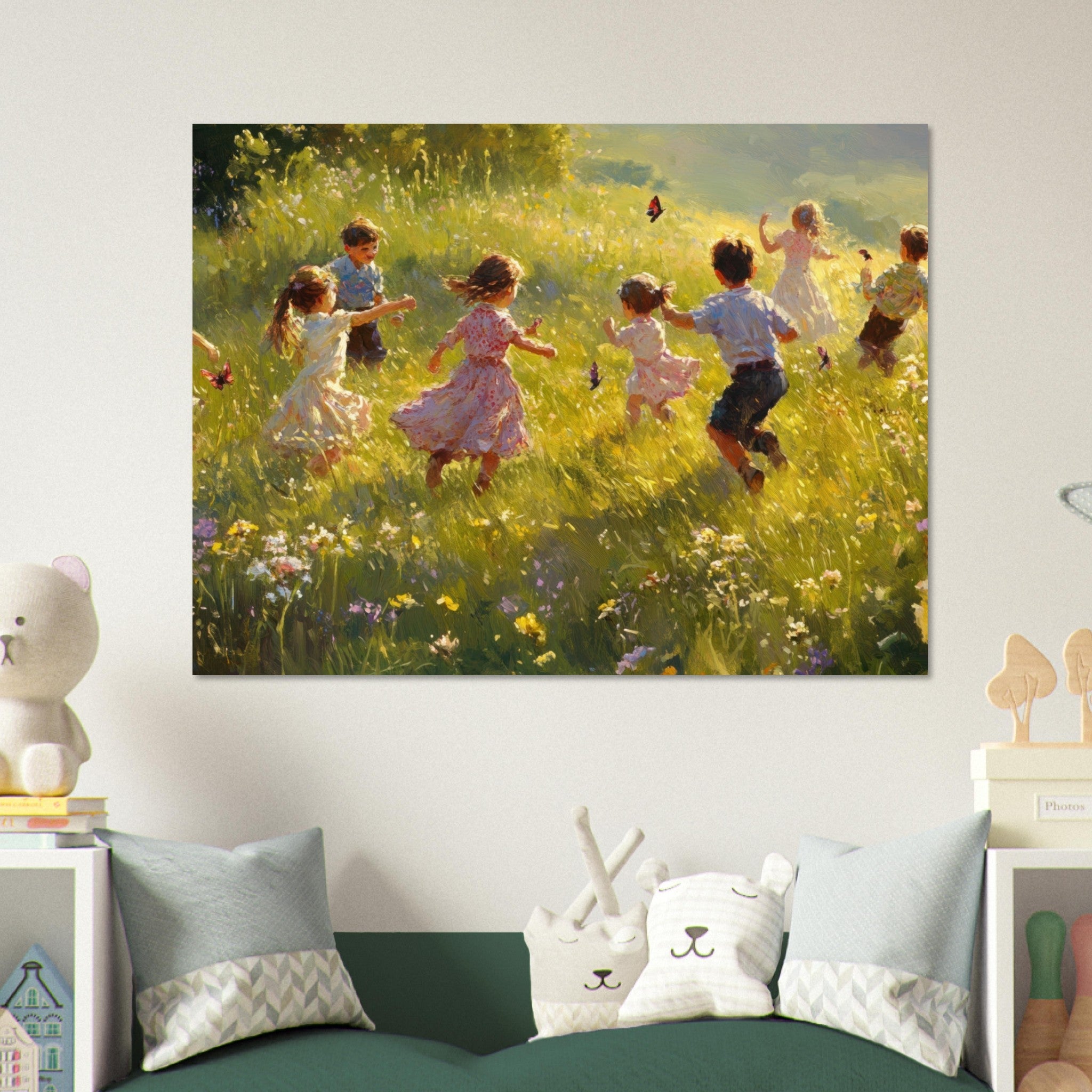 Fine Art Poster Landscape - Children Playing in a Meadow A sunlit country 2 - Shop Ai Art WebShop - Digital Art online Store
