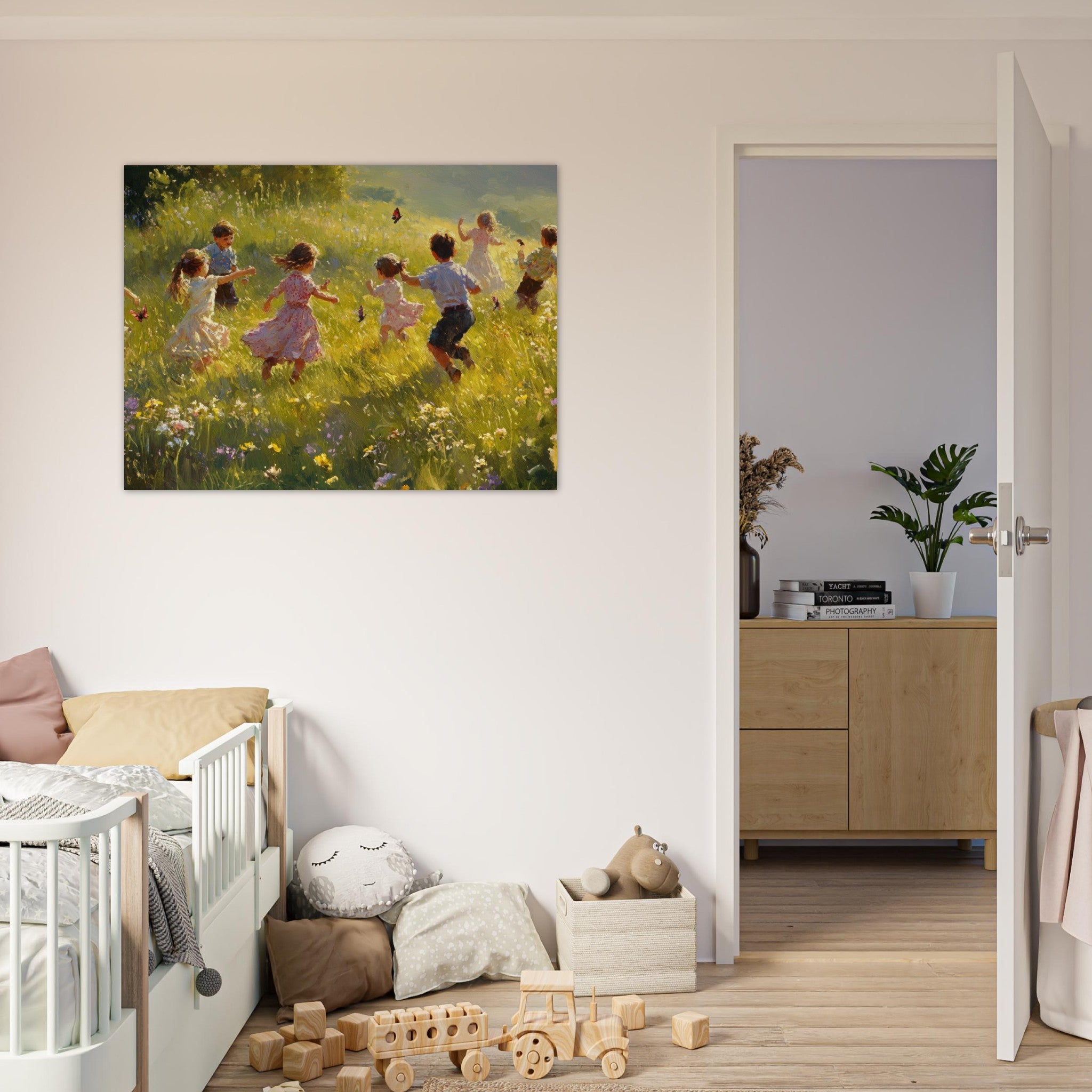 Fine Art Poster Landscape - Children Playing in a Meadow A sunlit country 2 - Shop Ai Art WebShop - Digital Art online Store