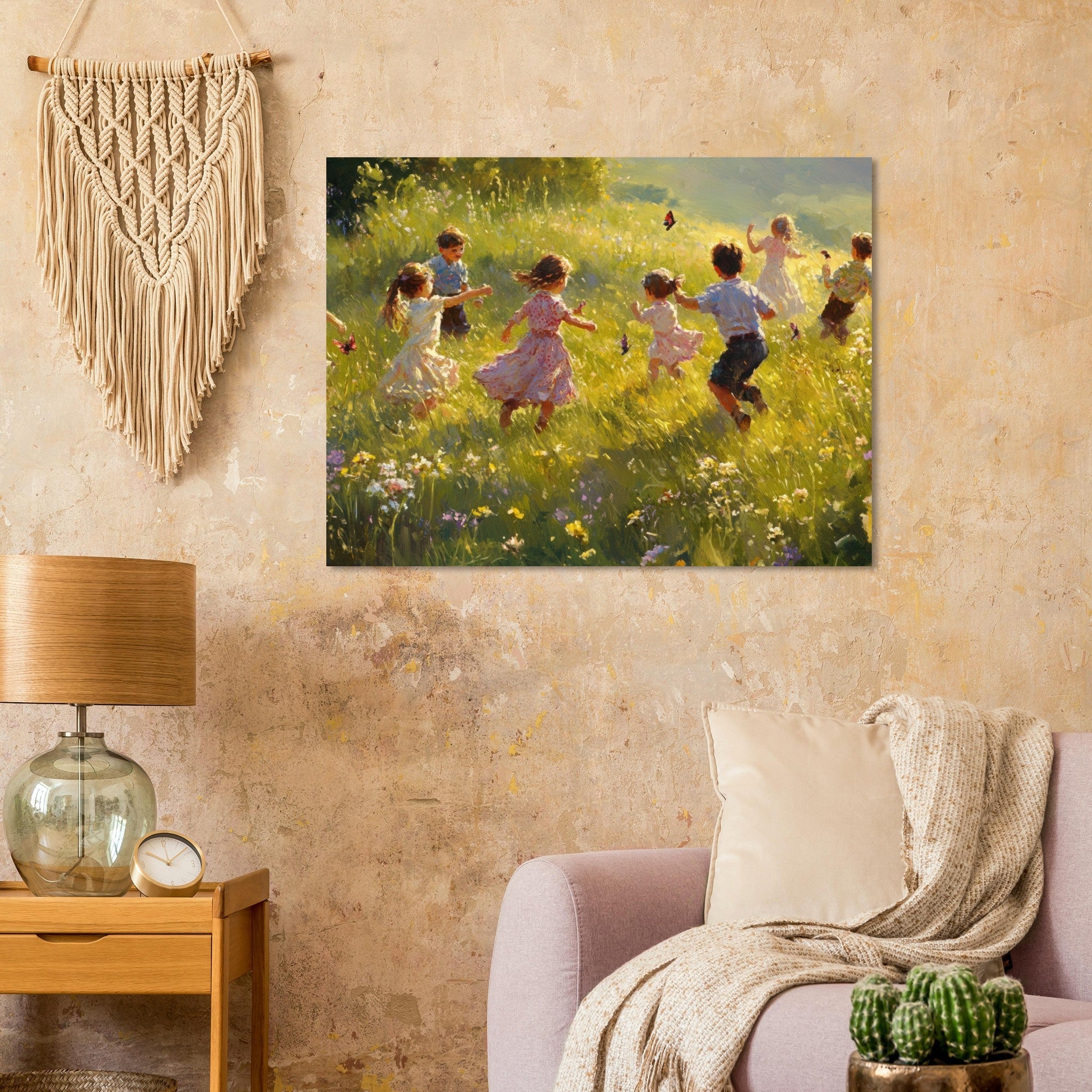 Fine Art Poster Landscape - Children Playing in a Meadow A sunlit country 2 - Shop Ai Art WebShop - Digital Art online Store