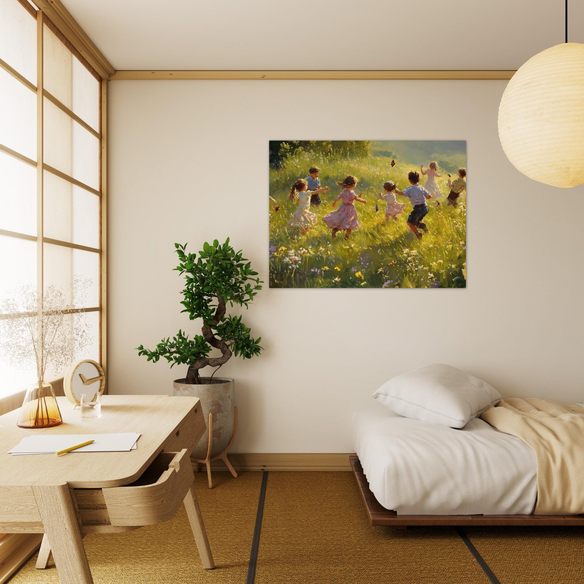 Fine Art Poster Landscape - Children Playing in a Meadow A sunlit country 2 - Shop Ai Art WebShop - Digital Art online Store