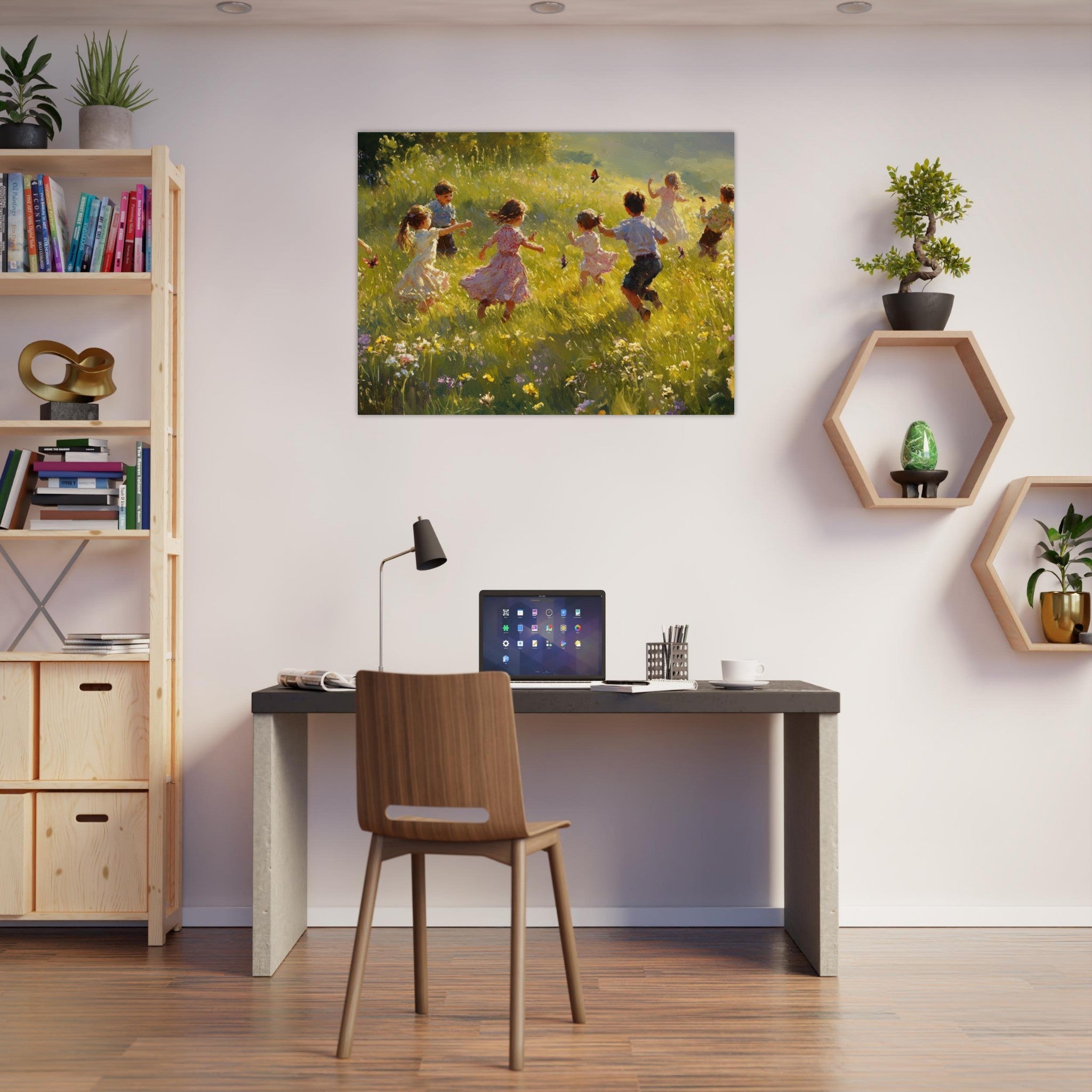 Fine Art Poster Landscape - Children Playing in a Meadow A sunlit country 2 - Shop Ai Art WebShop - Digital Art online Store