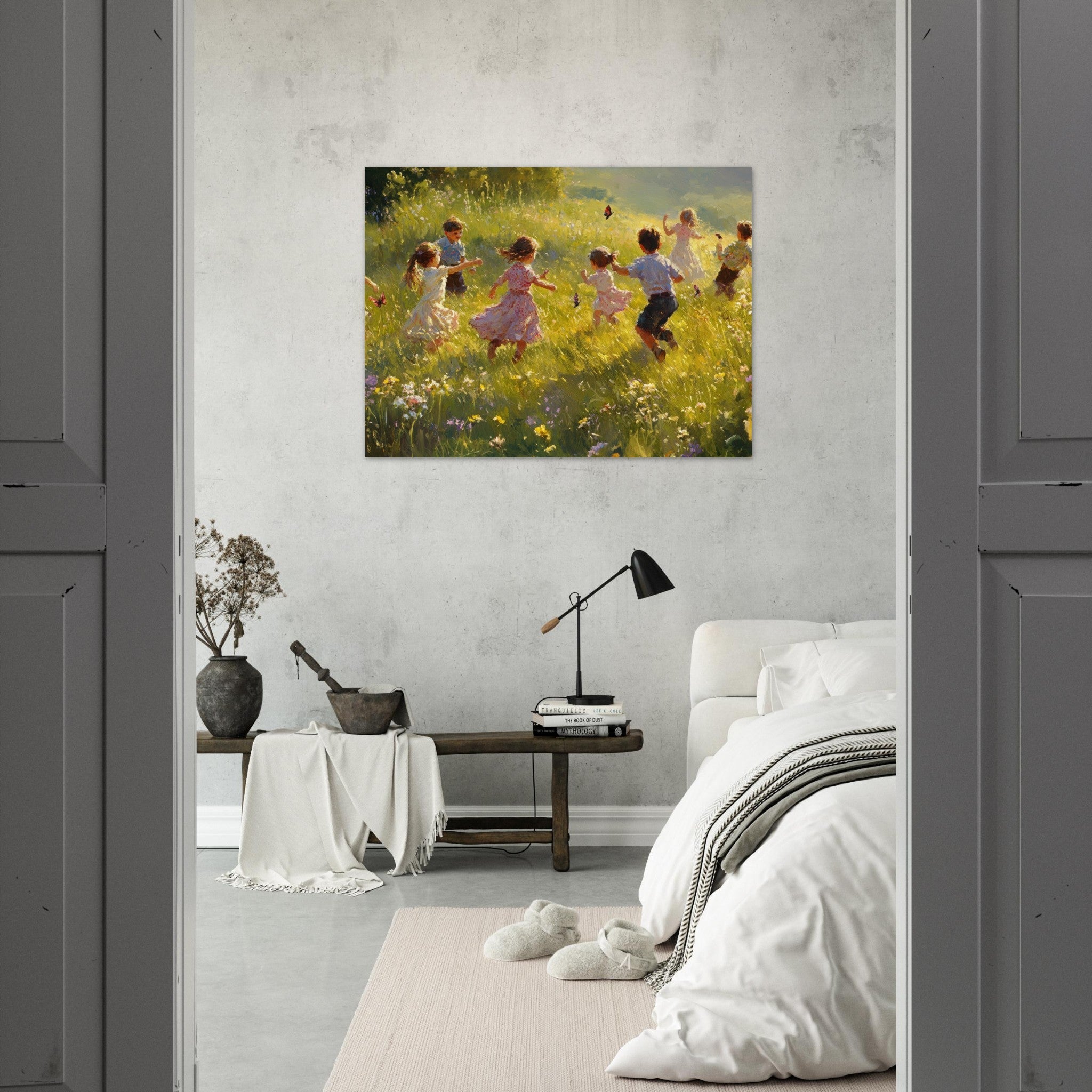 Fine Art Poster Landscape - Children Playing in a Meadow A sunlit country 2 - Shop Ai Art WebShop - Digital Art online Store