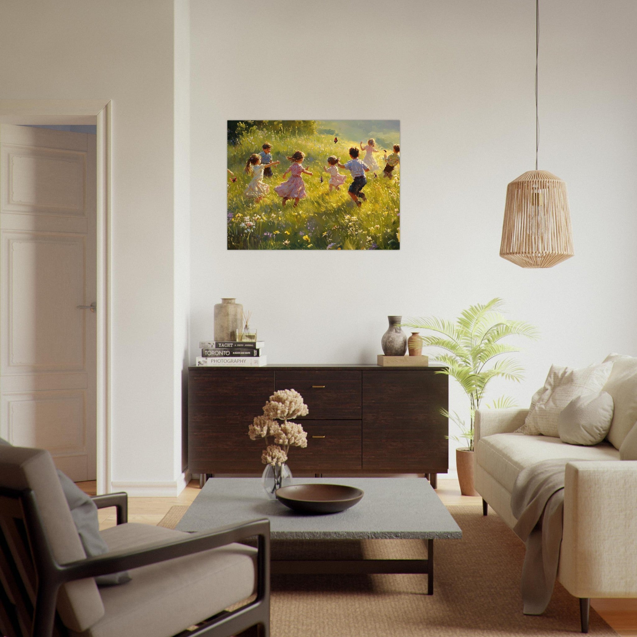 Fine Art Poster Landscape - Children Playing in a Meadow A sunlit country 2 - Shop Ai Art WebShop - Digital Art online Store