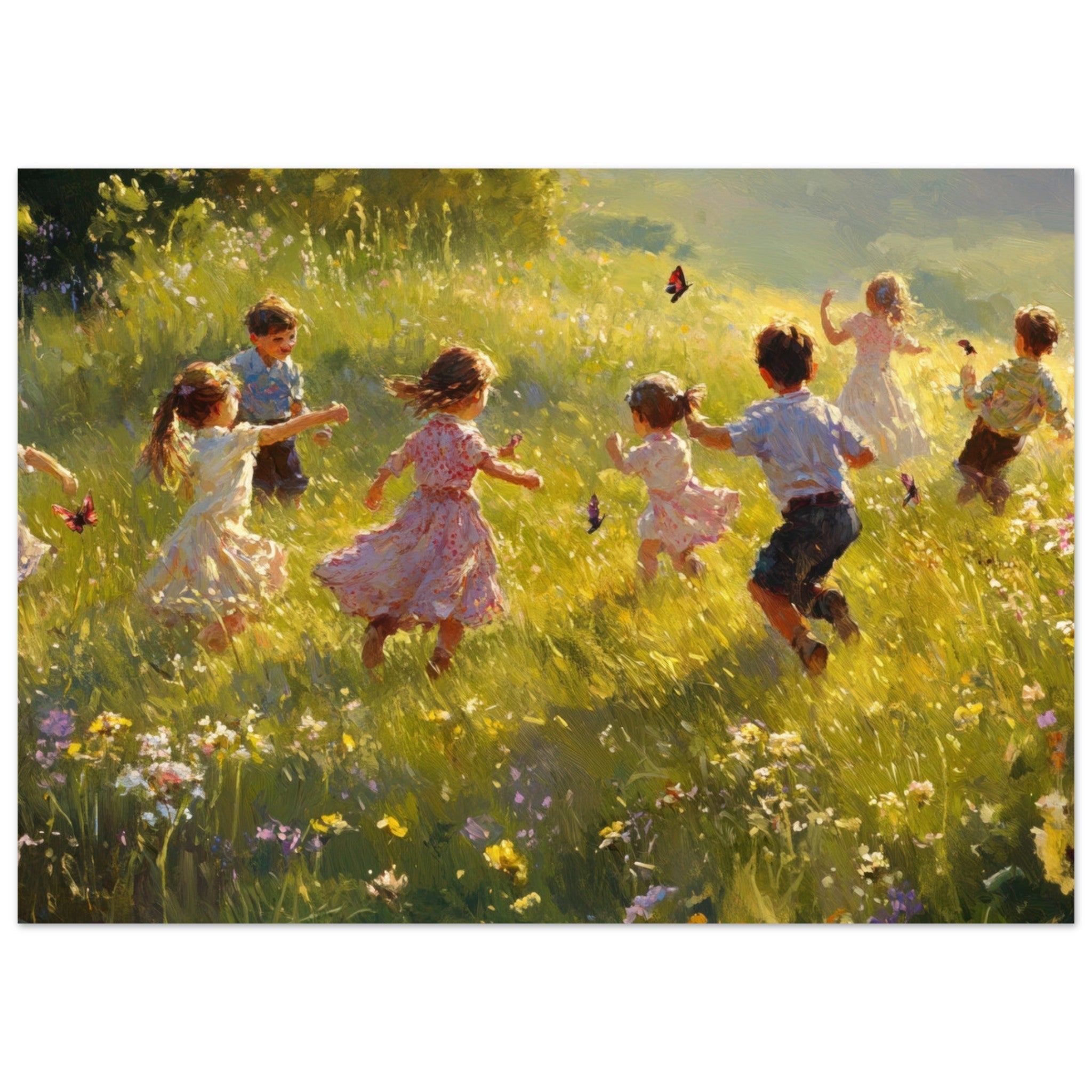 Fine Art Poster Landscape - Children Playing in a Meadow A sunlit country 2 - Shop Ai Art WebShop - Digital Art online Store
