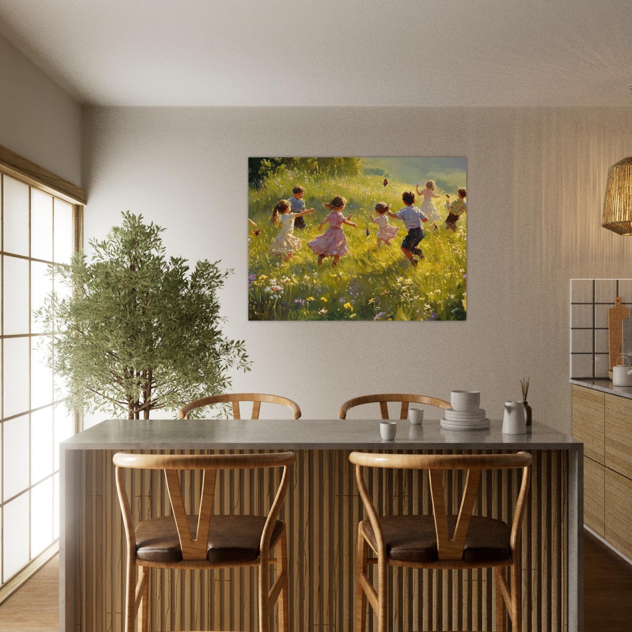 Fine Art Poster Landscape - Children Playing in a Meadow A sunlit country 2 - Shop Ai Art WebShop - Digital Art online Store