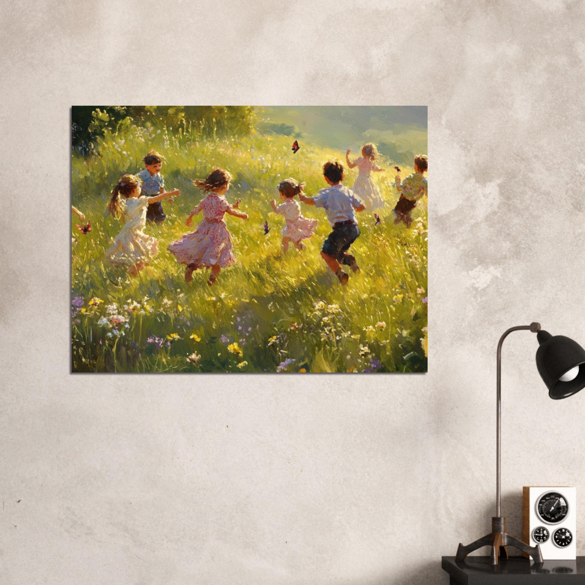 Fine Art Poster Landscape - Children Playing in a Meadow A sunlit country 2 - Shop Ai Art WebShop - Digital Art online Store