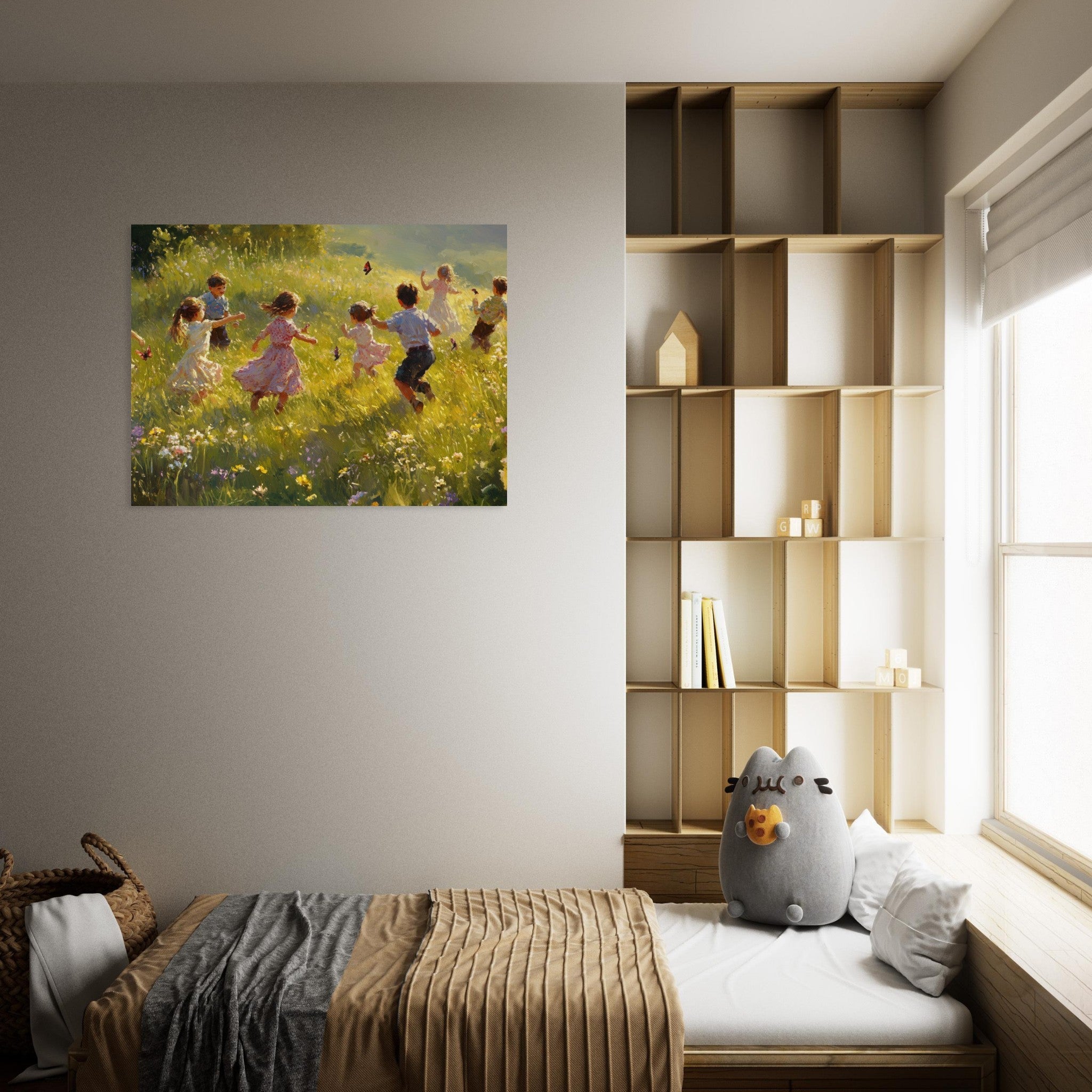Fine Art Poster Landscape - Children Playing in a Meadow A sunlit country 2 - Shop Ai Art WebShop - Digital Art online Store