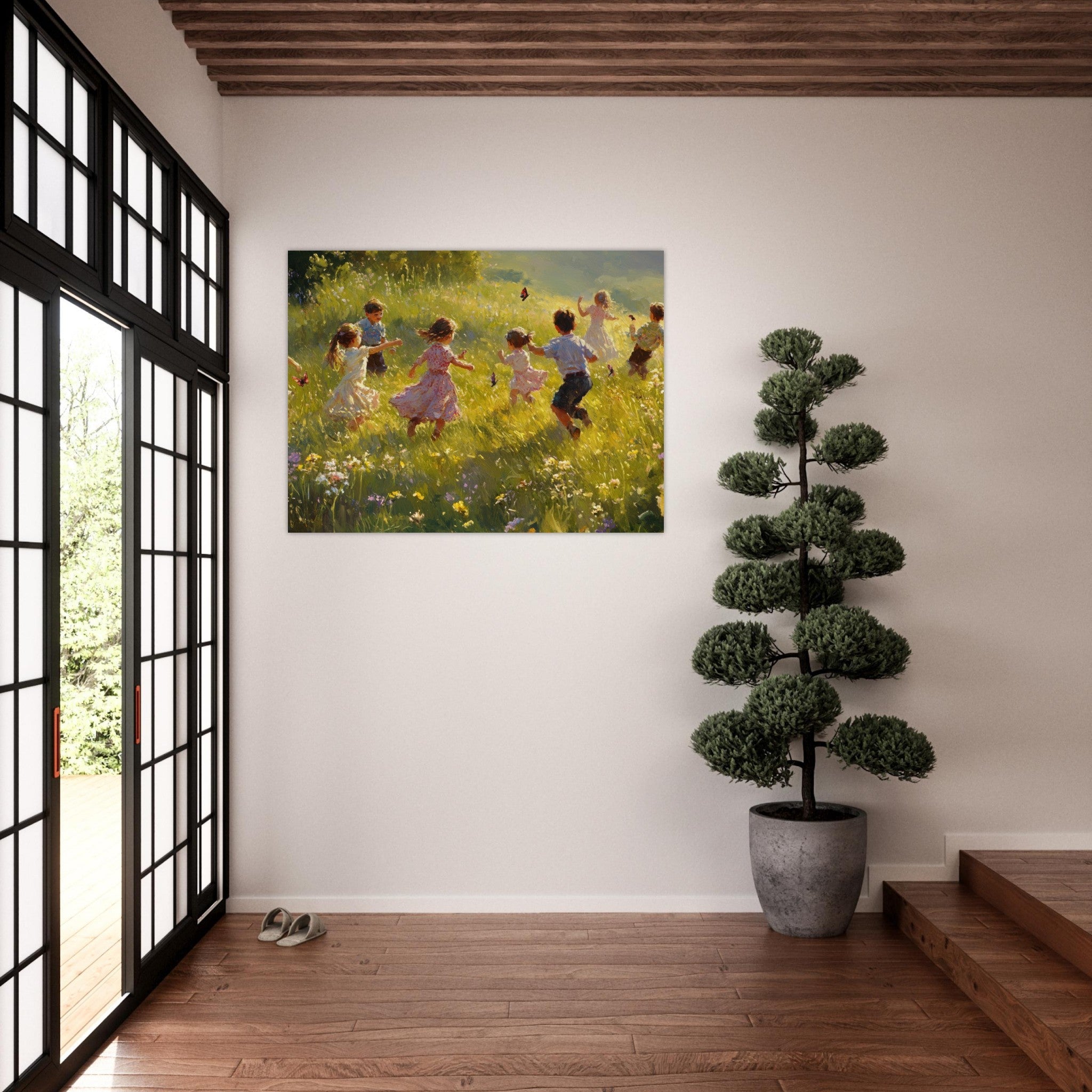 Fine Art Poster Landscape - Children Playing in a Meadow A sunlit country 2 - Shop Ai Art WebShop - Digital Art online Store