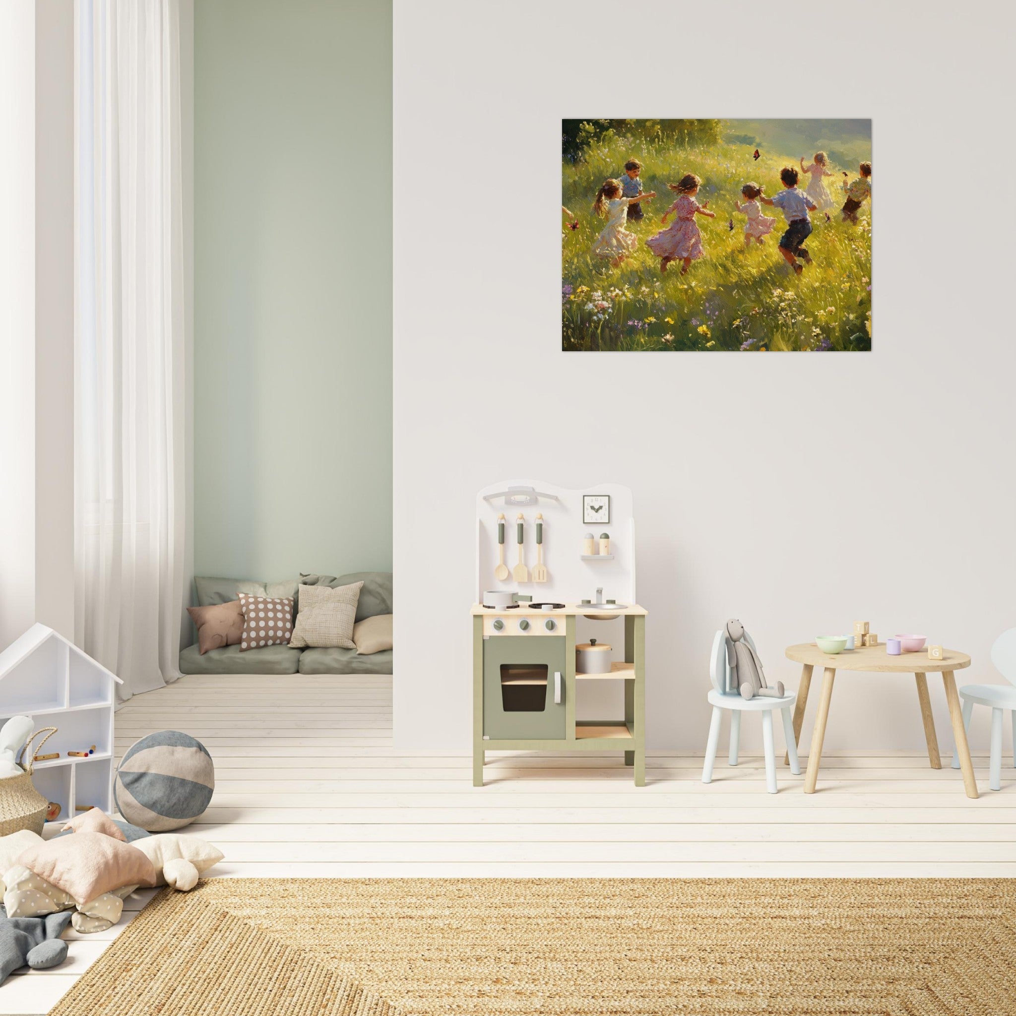 Fine Art Poster Landscape - Children Playing in a Meadow A sunlit country 2 - Shop Ai Art WebShop - Digital Art online Store