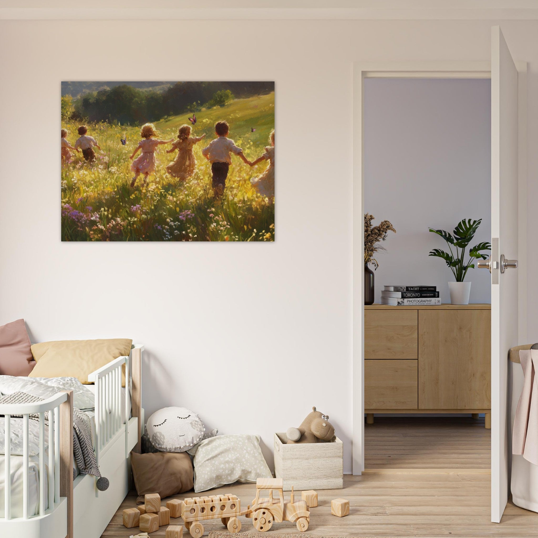 Fine Art Poster Landscape - Children Playing in a Meadow A sunlit country - Shop Ai Art WebShop - Digital Art online Store