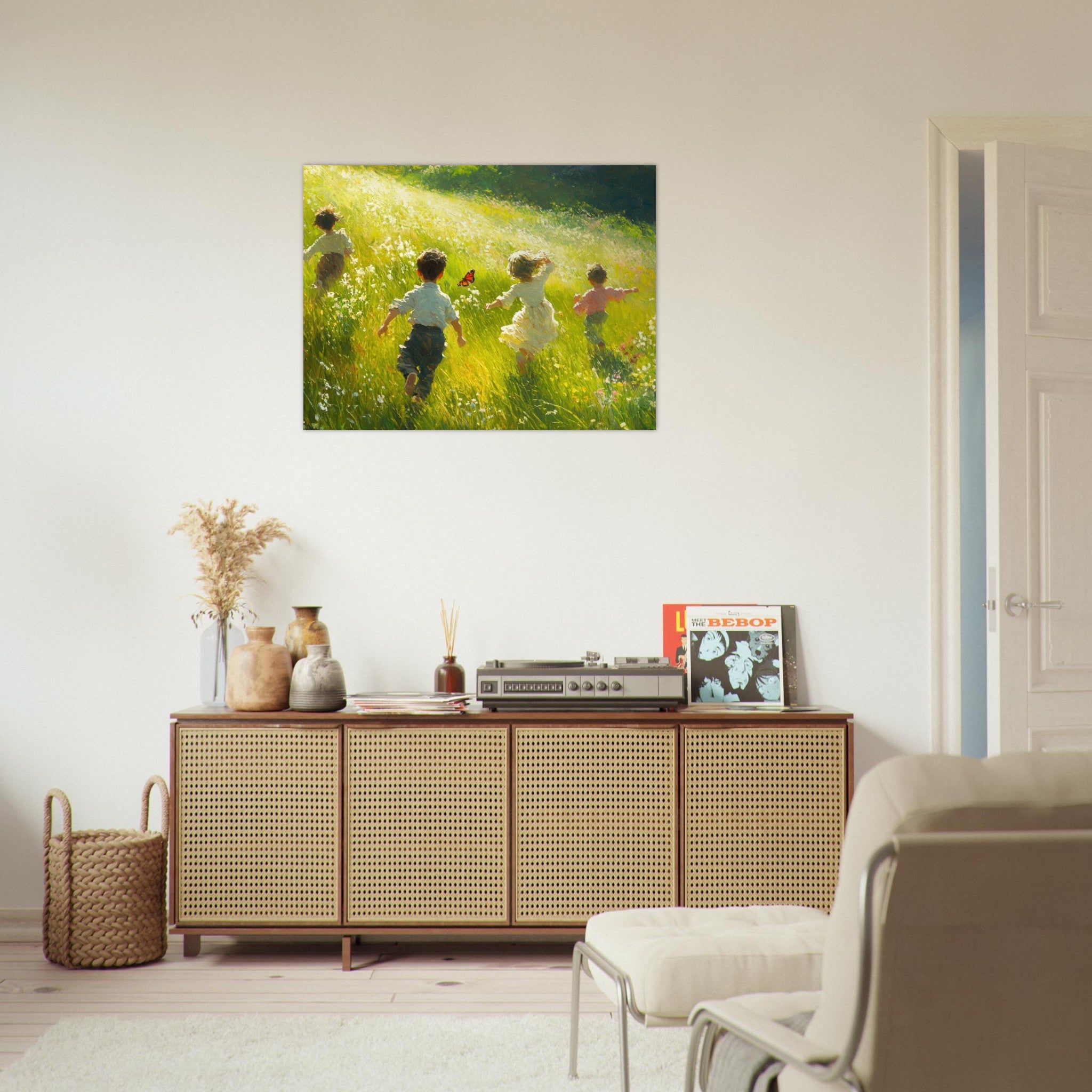 Fine Art Poster Landscape - Children Playing in a Meadow A sunlit country 3 - Shop Ai Art WebShop - Digital Art online Store