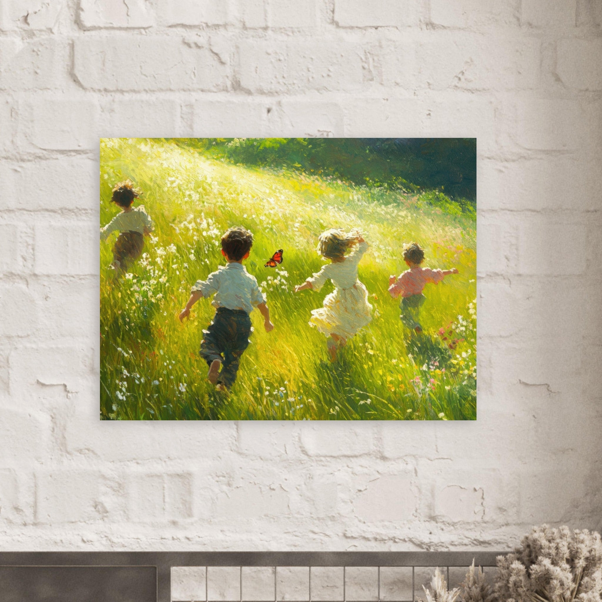 Fine Art Poster Landscape - Children Playing in a Meadow A sunlit country 3 - Shop Ai Art WebShop - Digital Art online Store