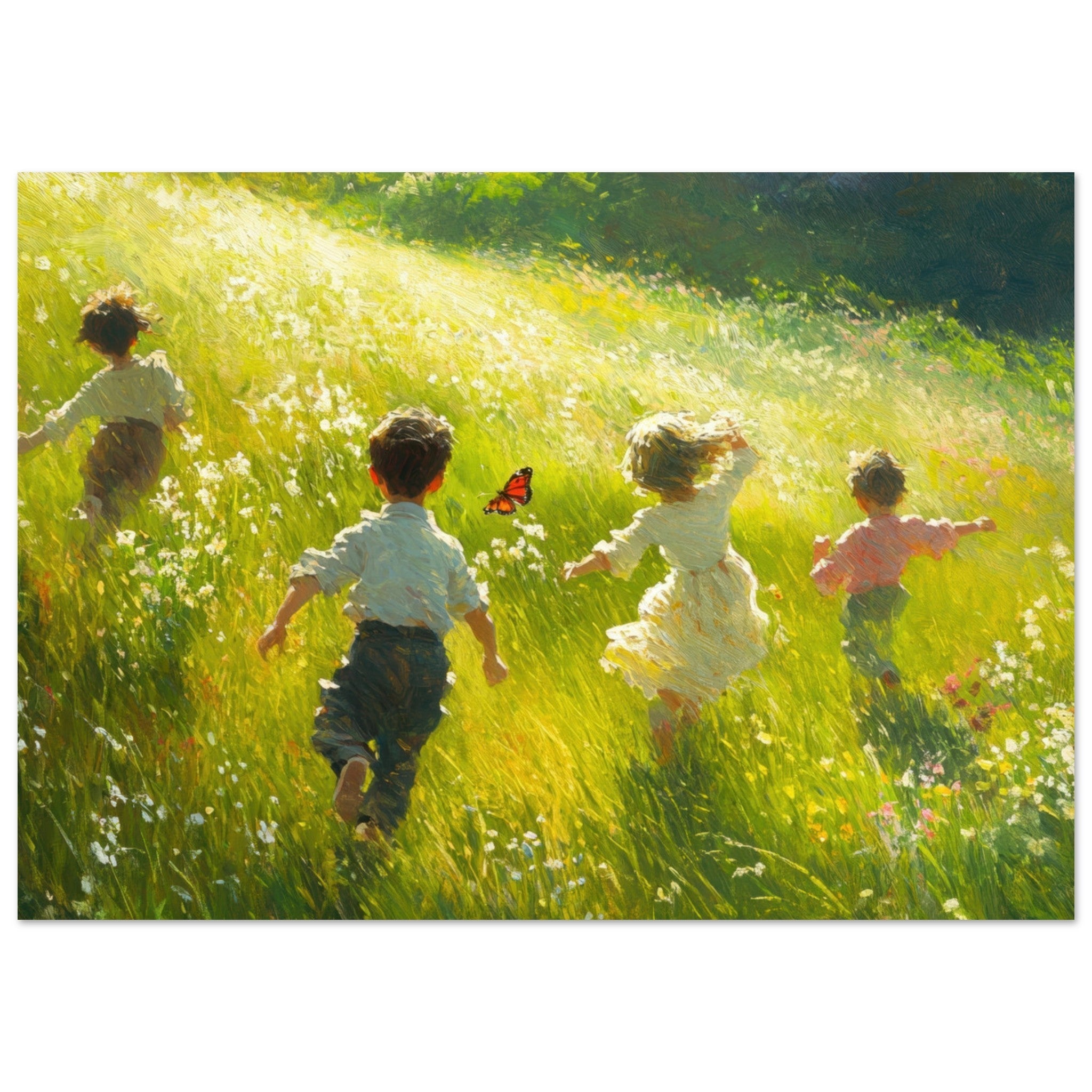 Fine Art Poster Landscape - Children Playing in a Meadow A sunlit country 3 - Shop Ai Art WebShop - Digital Art online Store