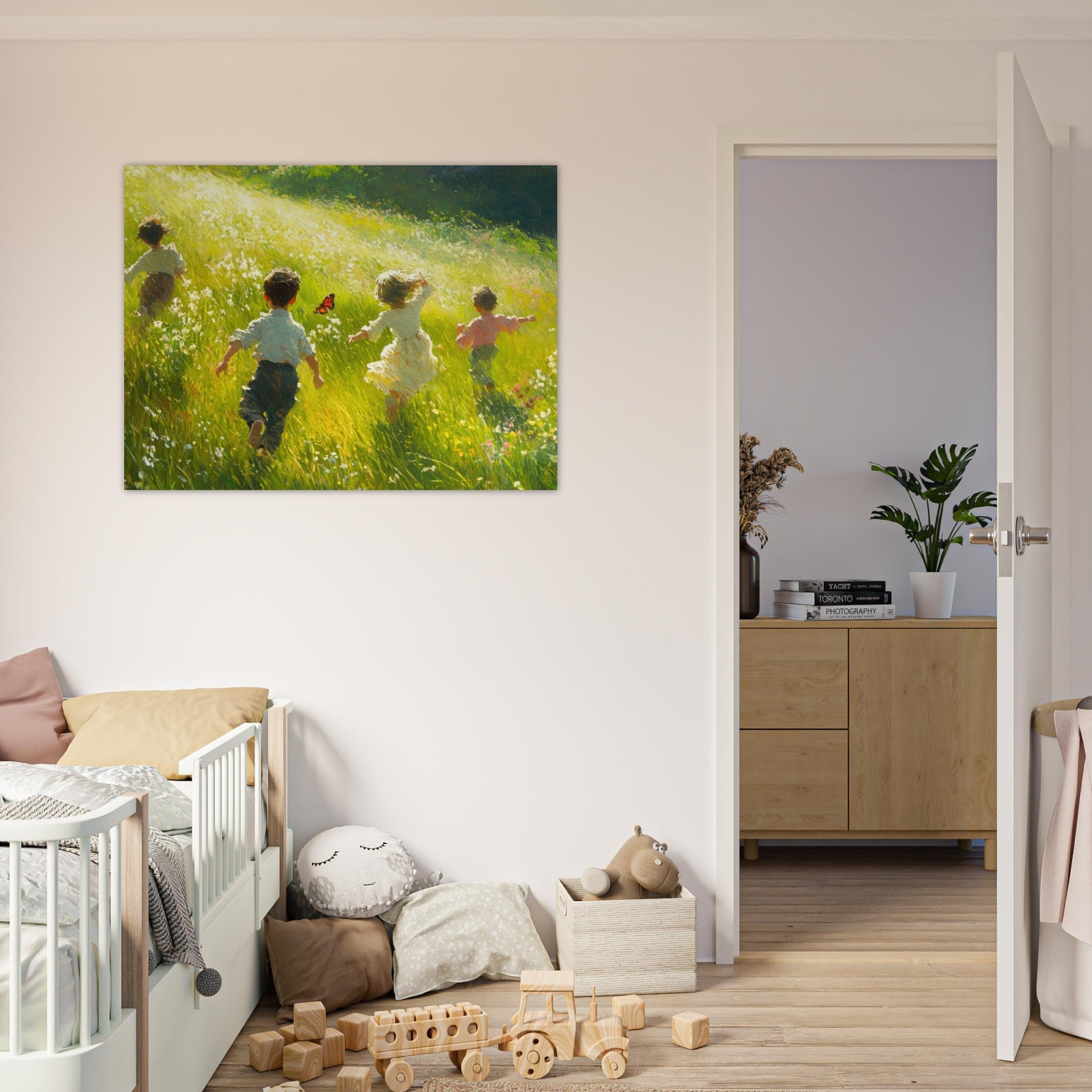 Fine Art Poster Landscape - Children Playing in a Meadow A sunlit country 3 - Shop Ai Art WebShop - Digital Art online Store