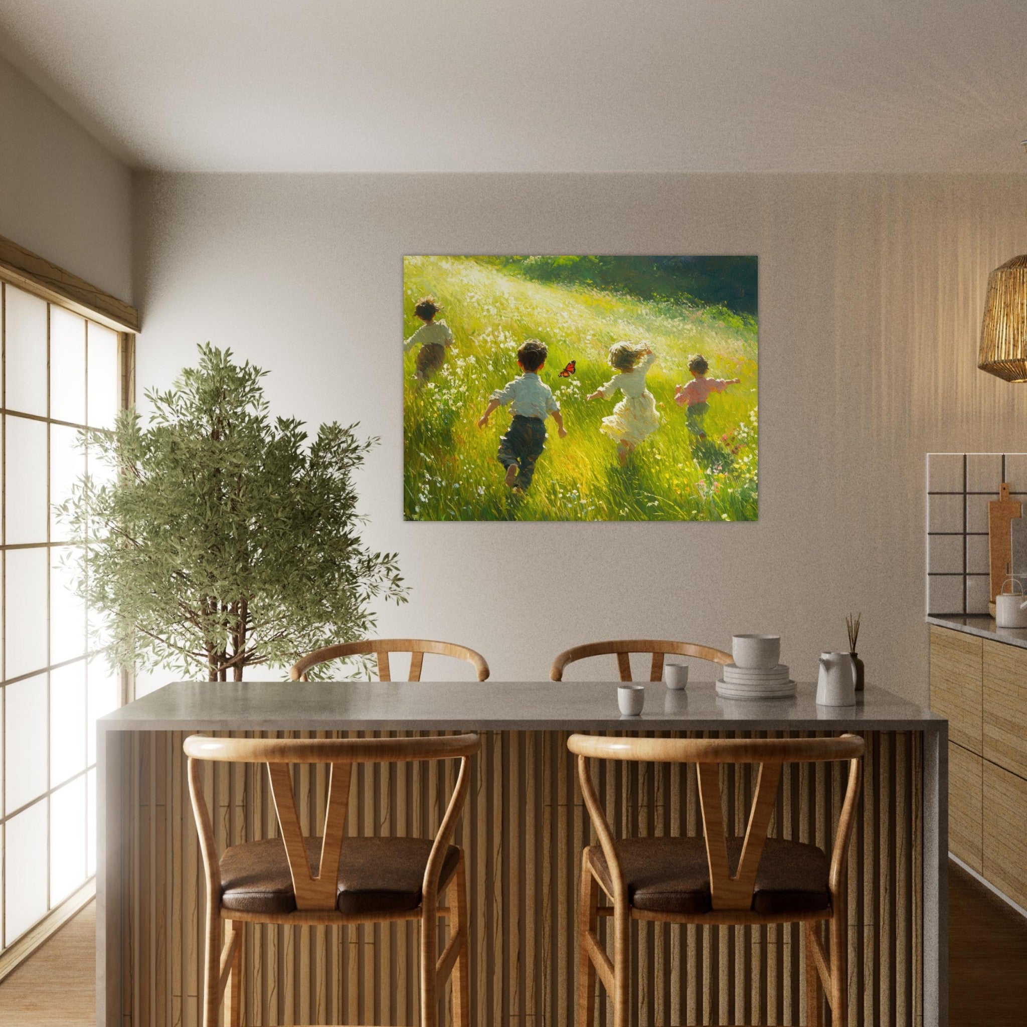 Fine Art Poster Landscape - Children Playing in a Meadow A sunlit country 3 - Shop Ai Art WebShop - Digital Art online Store
