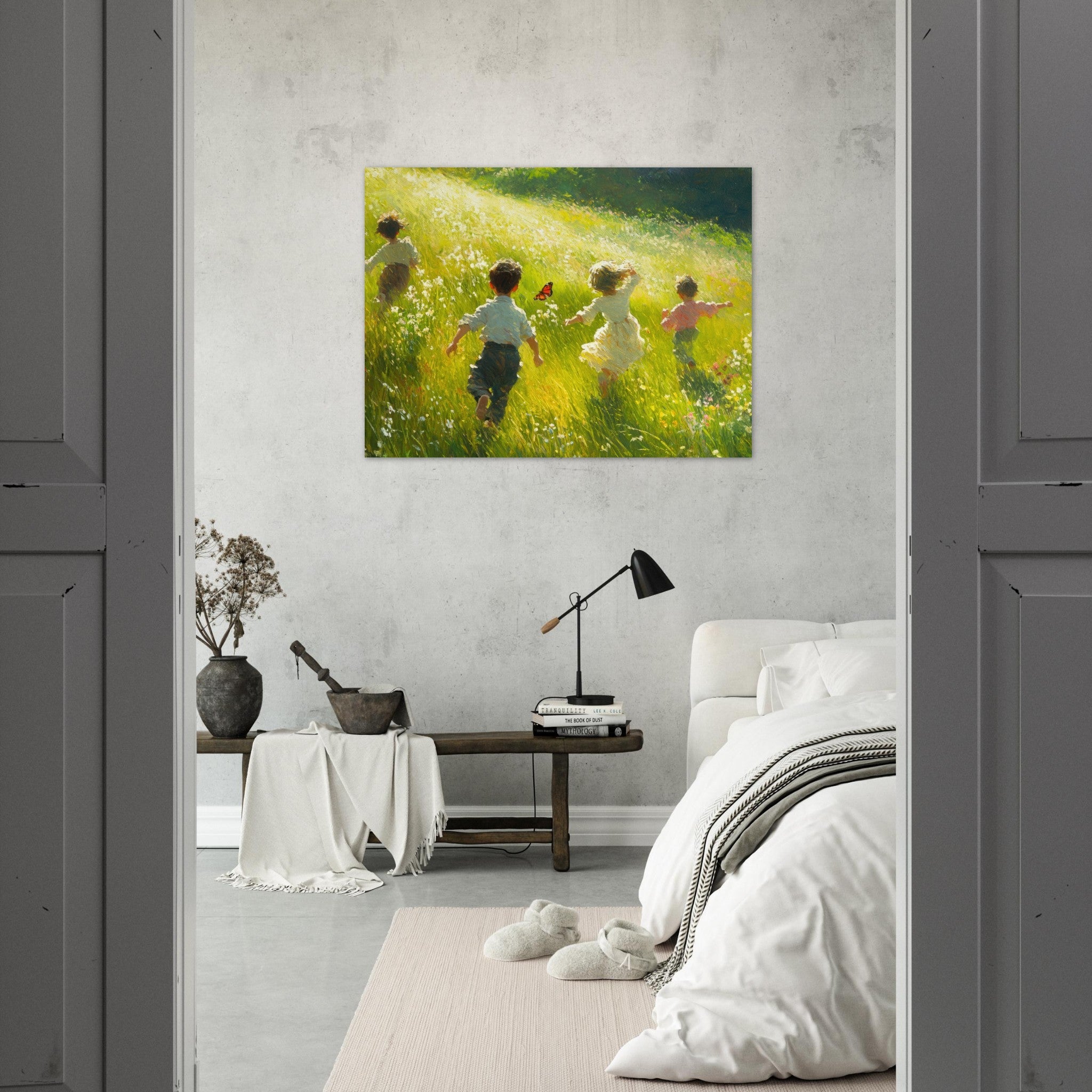 Fine Art Poster Landscape - Children Playing in a Meadow A sunlit country 3 - Shop Ai Art WebShop - Digital Art online Store