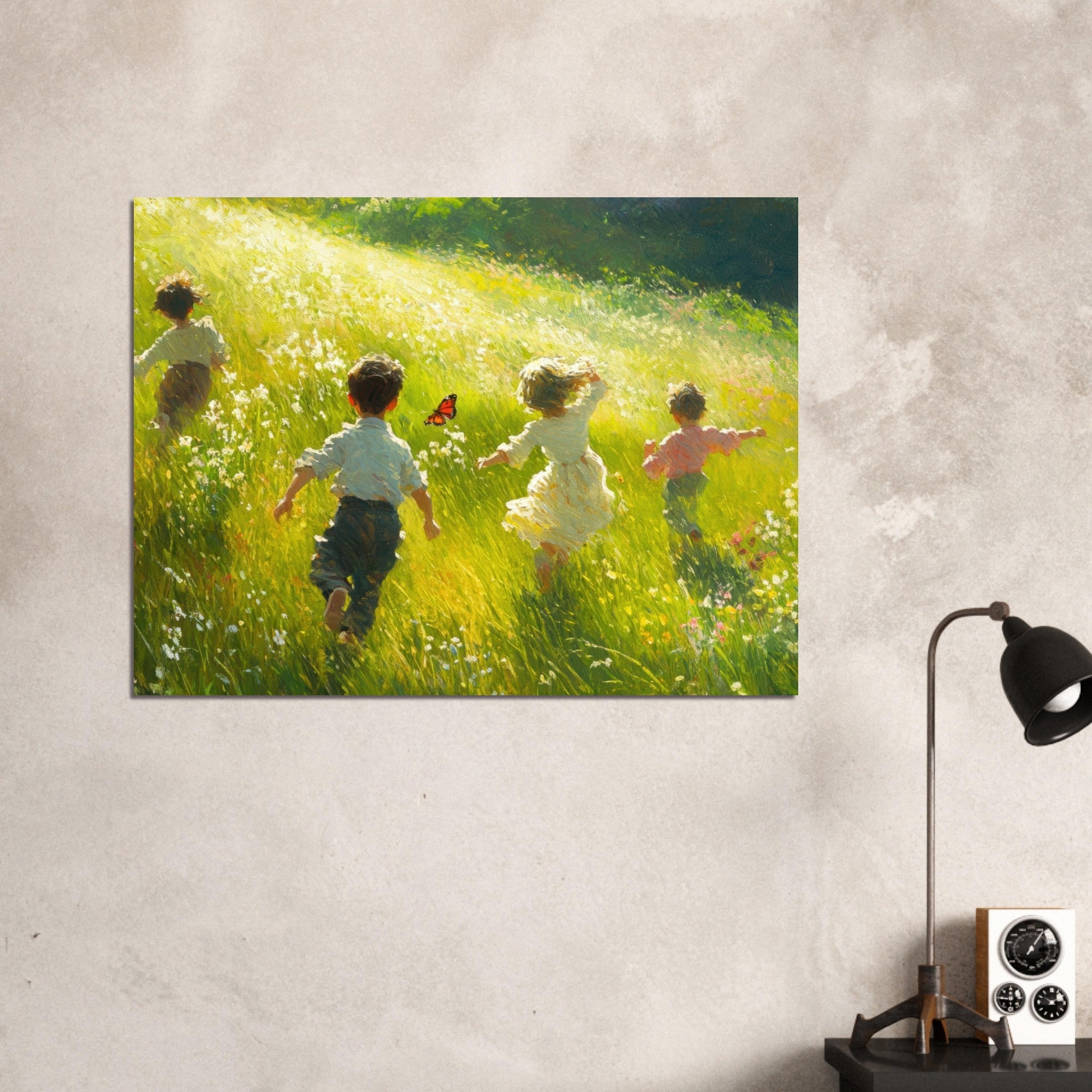 Fine Art Poster Landscape - Children Playing in a Meadow A sunlit country 3 - Shop Ai Art WebShop - Digital Art online Store