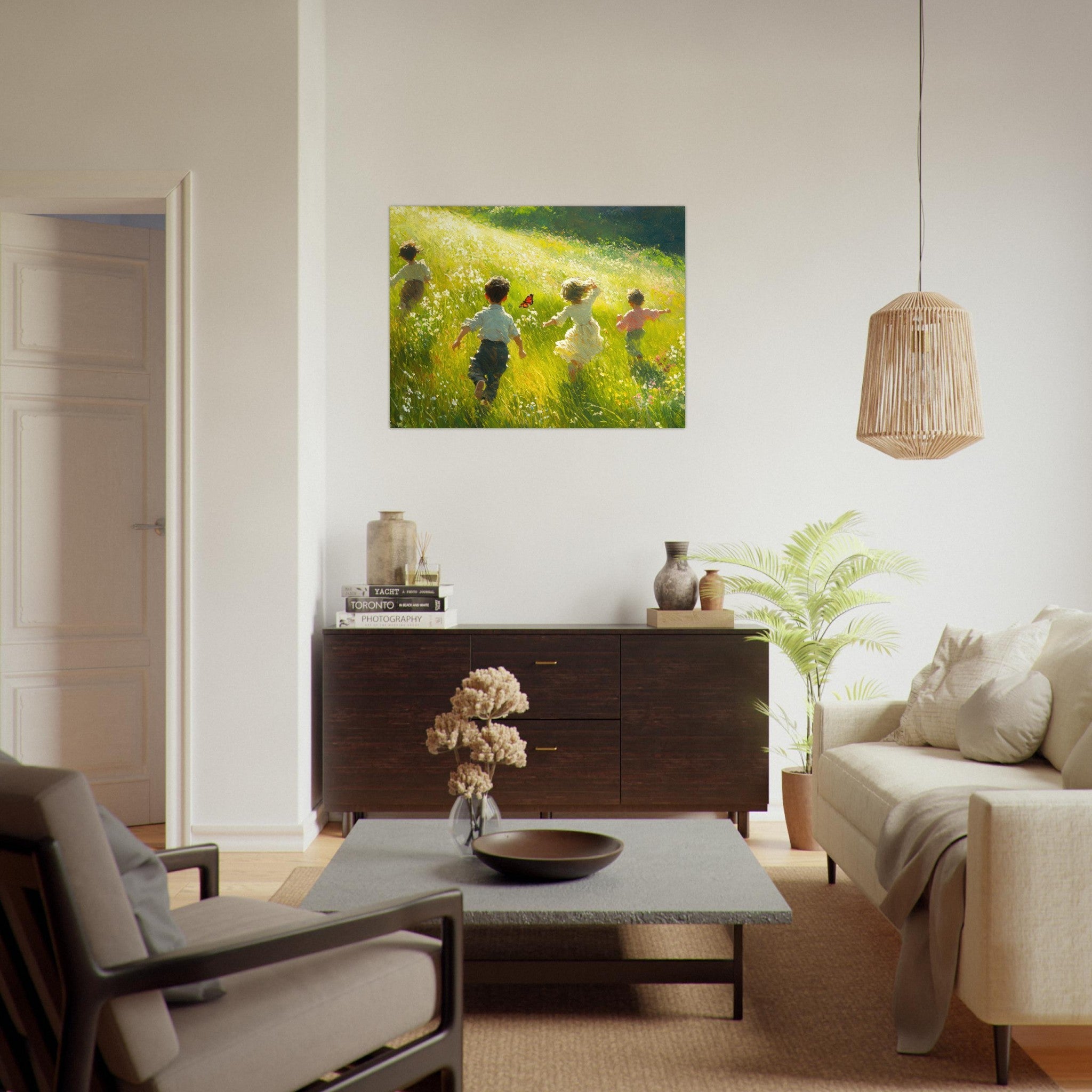 Fine Art Poster Landscape - Children Playing in a Meadow A sunlit country 3 - Shop Ai Art WebShop - Digital Art online Store