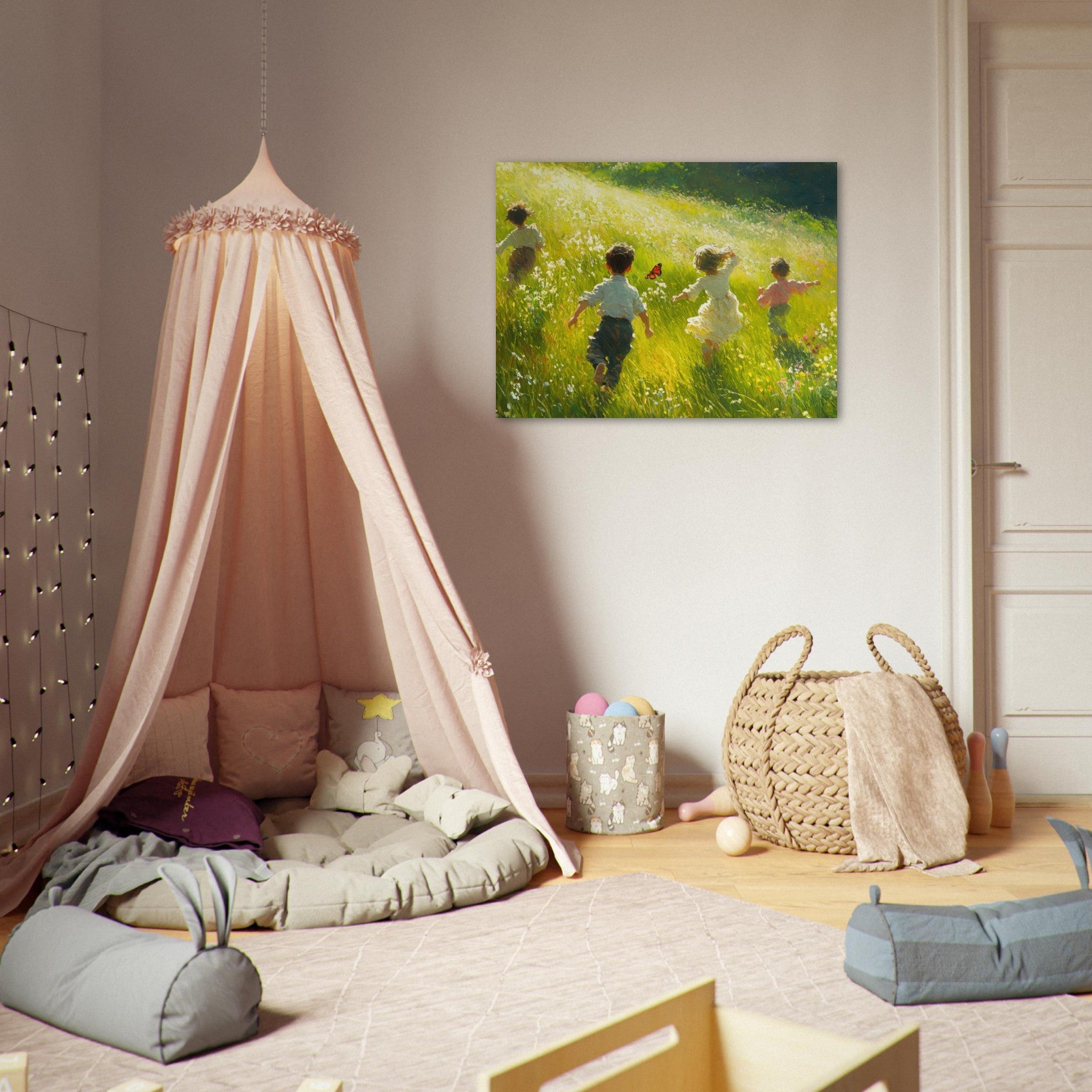 Fine Art Poster Landscape - Children Playing in a Meadow A sunlit country 3 - Shop Ai Art WebShop - Digital Art online Store