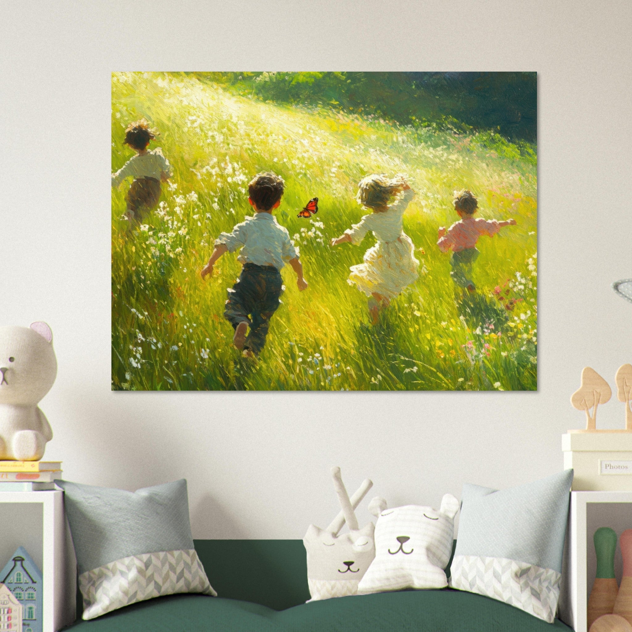 Fine Art Poster Landscape - Children Playing in a Meadow A sunlit country 3 - Shop Ai Art WebShop - Digital Art online Store